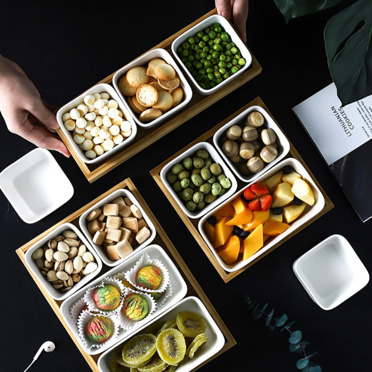 KICHOUSE Keramik Snackschale für Gäste mit 3 Fächern Leicht zu Reinigen und Tragbar als Haushalts Snackteller für Familie