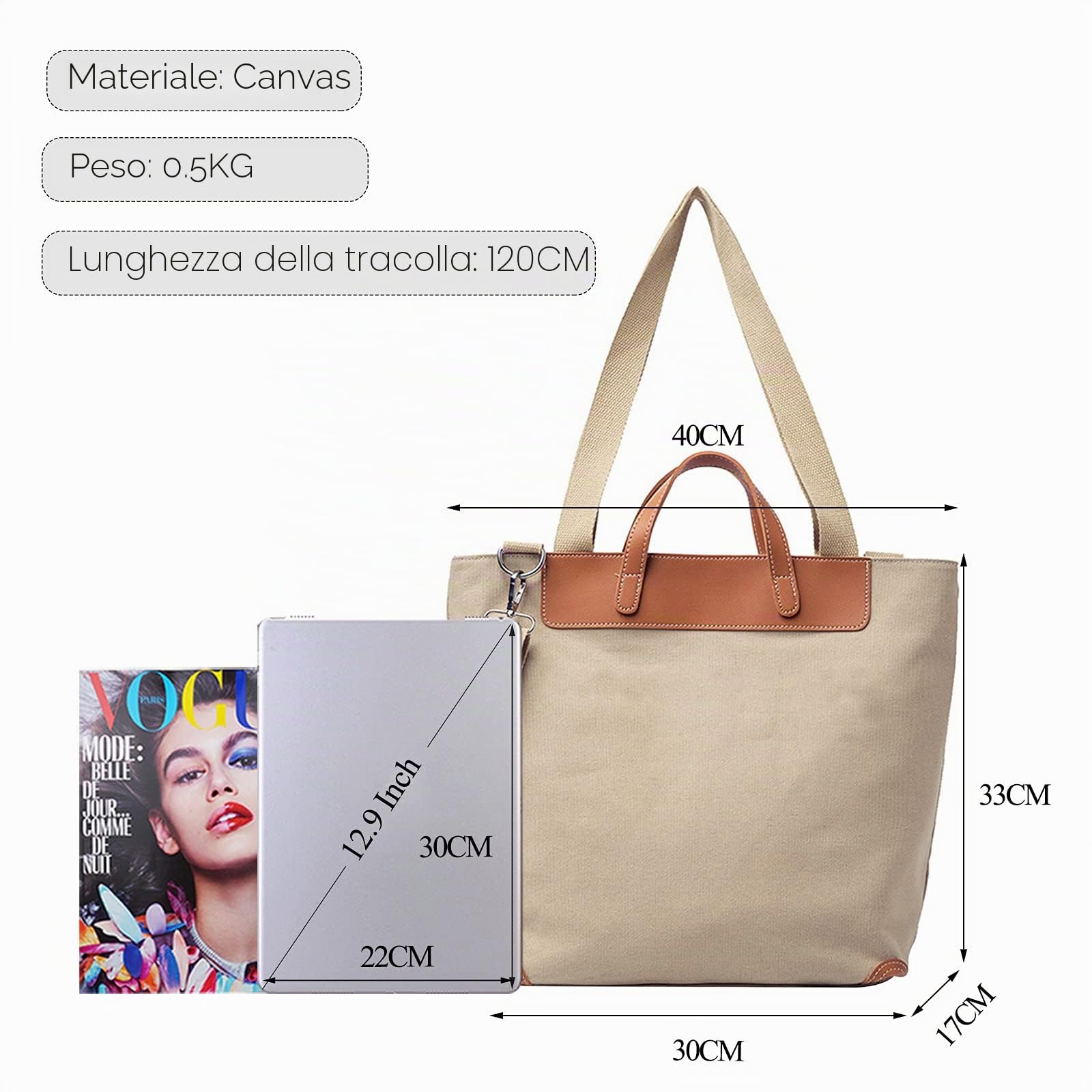 FANDARE Leggero Borsa Tracolla Spalla Tela Tote Donna Borsa a Mano Messenger per 12.9 Pollice Tablet Grande Shopping Viaggio Partito Work Crossbody Bag Cachi