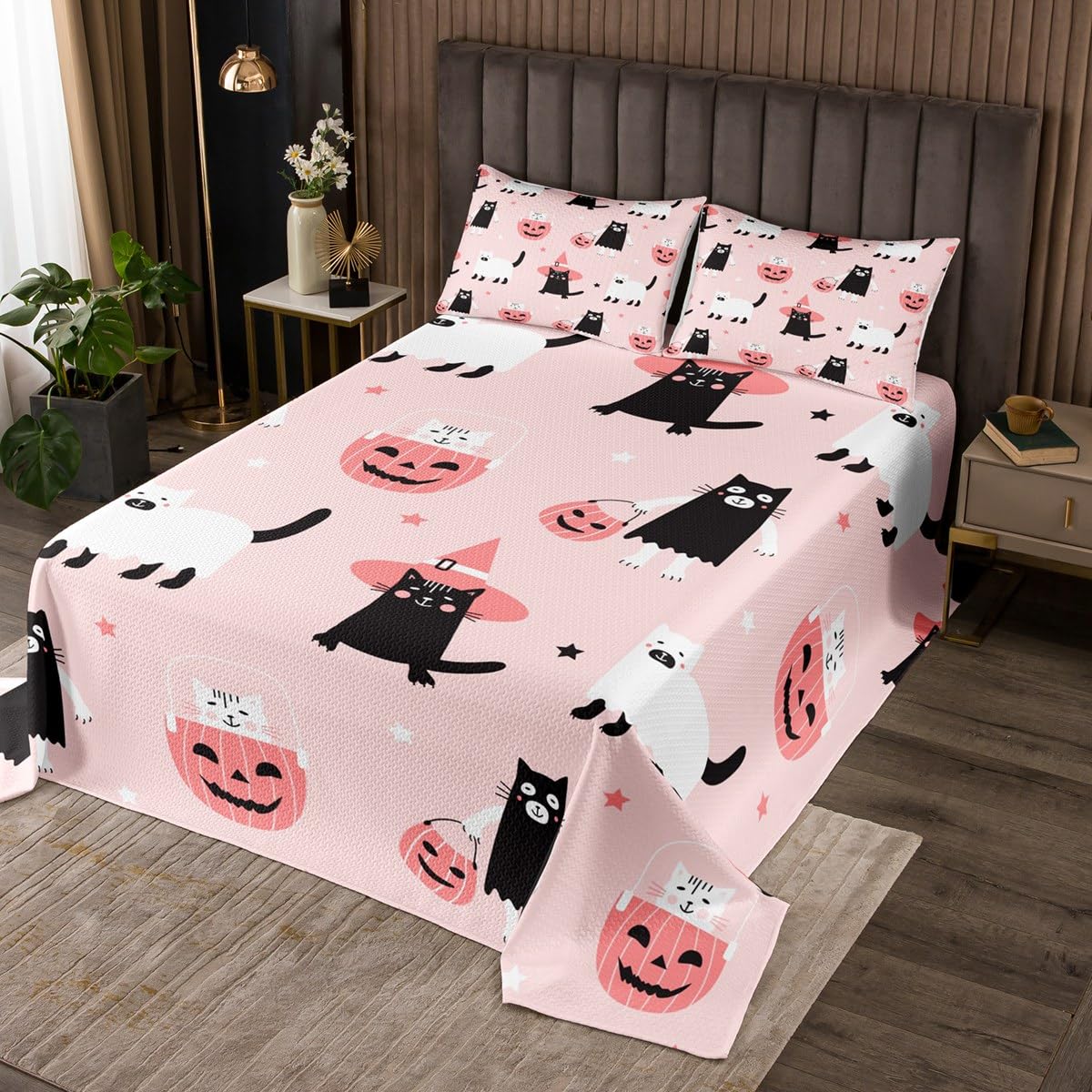 Erosebridal Kids Cute Ghost Cats Bedspread Set Queen Happy Halloween Pumpkin Quilt Set Gifts for Girls Teen,Black White Halloween Kitten Coverlet Set Pink Halloween Bedding Set 2 Pillow Cases