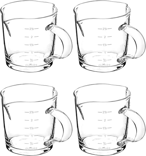QWORK Vaso de chupito de café expreso con asa, paquete de 4 vasos medidores de vidrio de doble boquilla de 3 onzas, taza de leche triple con dos