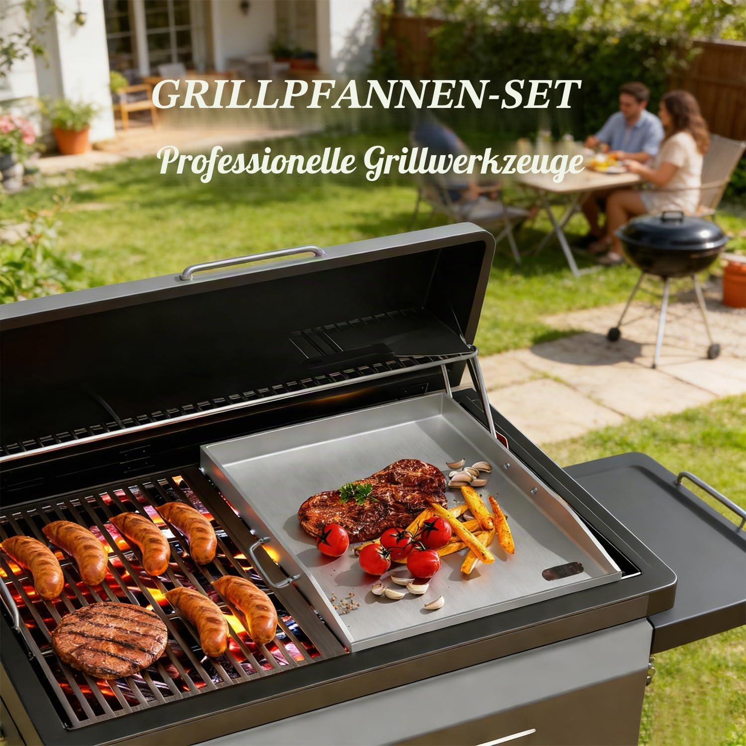 Grillplatte 40x30cm aus Edelstahl 304 mit Grillspachtel Set | Robuste 4mm Edelstahlplatte für Grill, Feuerstelle und Herd.Inklusive praktischem Zubehör für vielseitige Nutzung