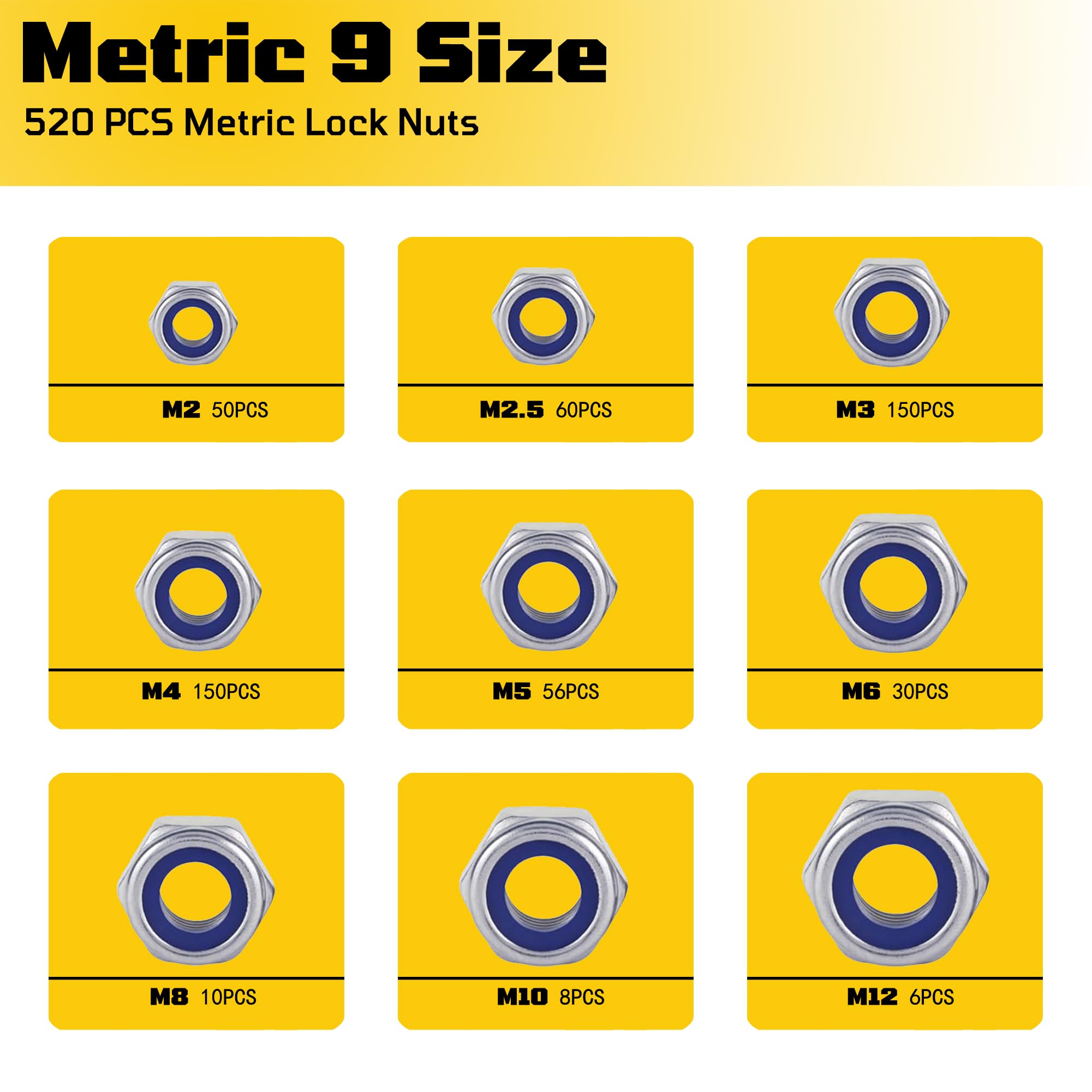 Locknuts Assortment Kit,M2 M2.5 M3 M4 M5 M6 M8 M10 M12 520PCS Metric Nylon Insert Lock Nuts Set,304 Stainless Steel Lock Nuts