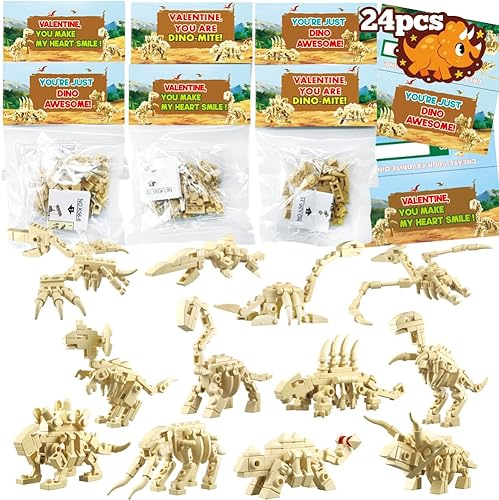 Miniatura 1 de WODMAZ Paquete de 24 tarjetas de San Valentín para niños, bloques de construcción de dinosaurios con tarjetas de felicitación del día de San