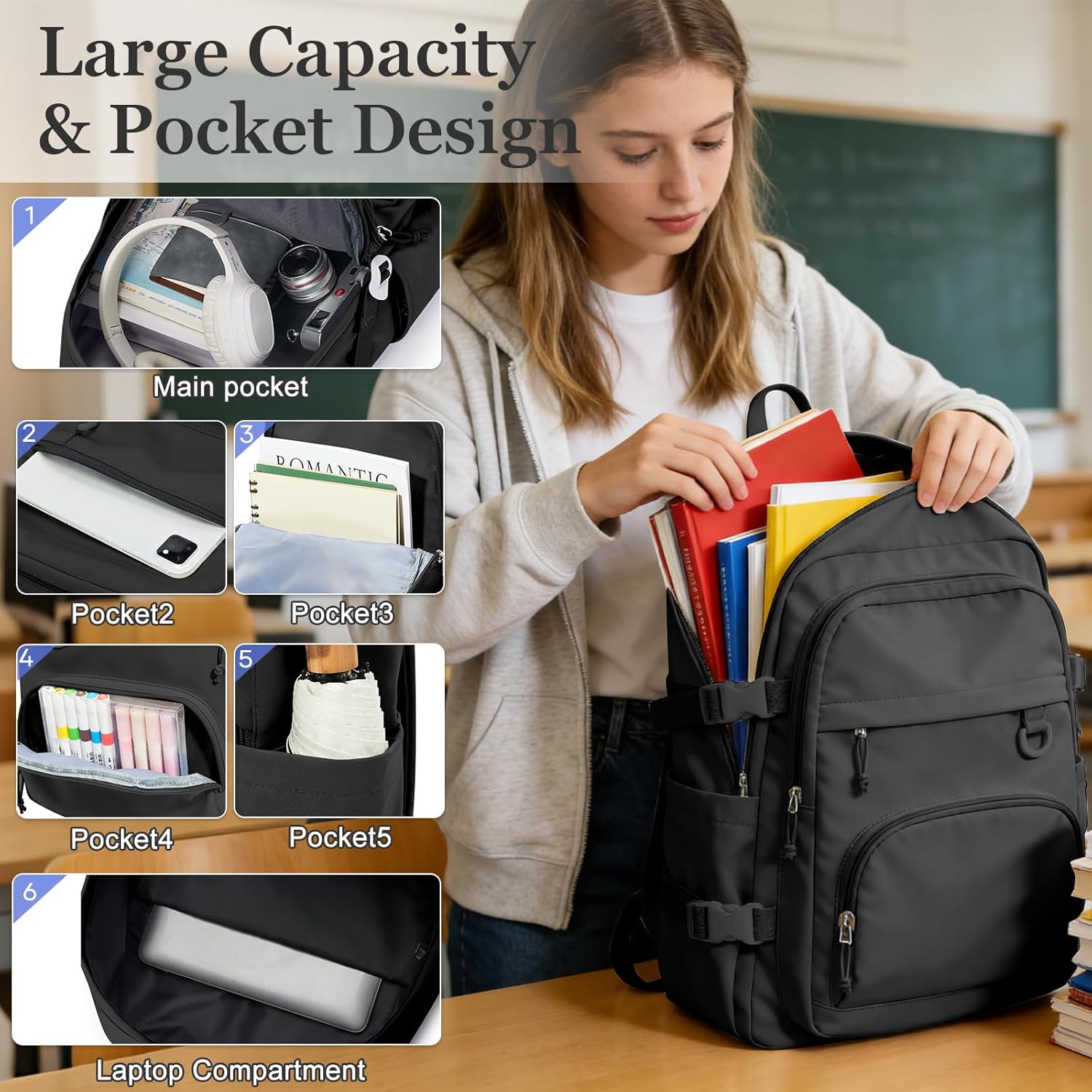 Lightweight Black College Backpack for Women Men Cute School Bag for Teens Girls Boys High School Backpack for Students Waterproof Casual Daypack Backpack - Image 3