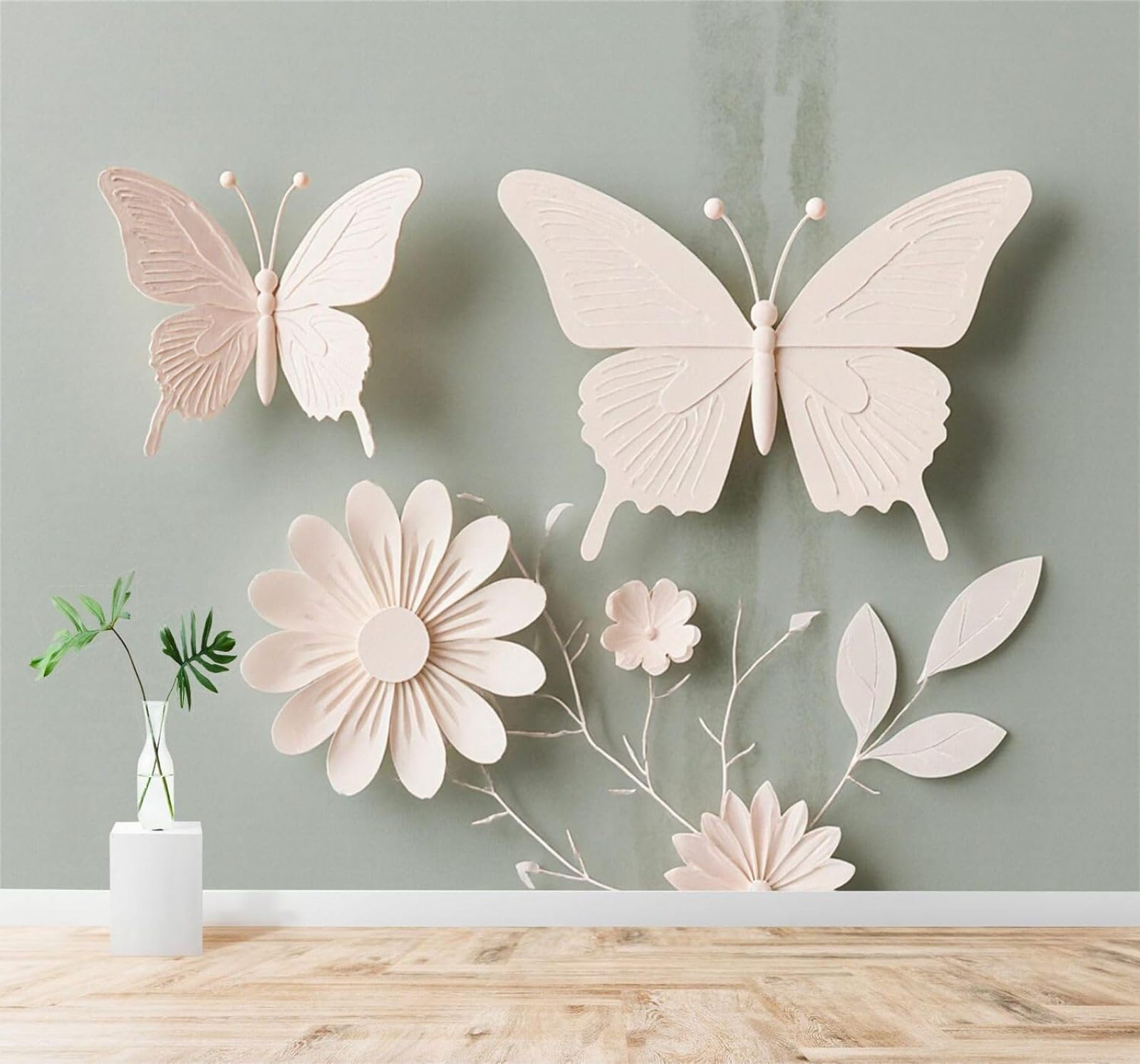 XLMING Simple Three Dimensional Pink Flowers Butterflies 3D Wallpaper Silky Texture Home Study Office Grey Dining Room Sofa Bedroom Living Room TV Backdrop-200cm×140cm