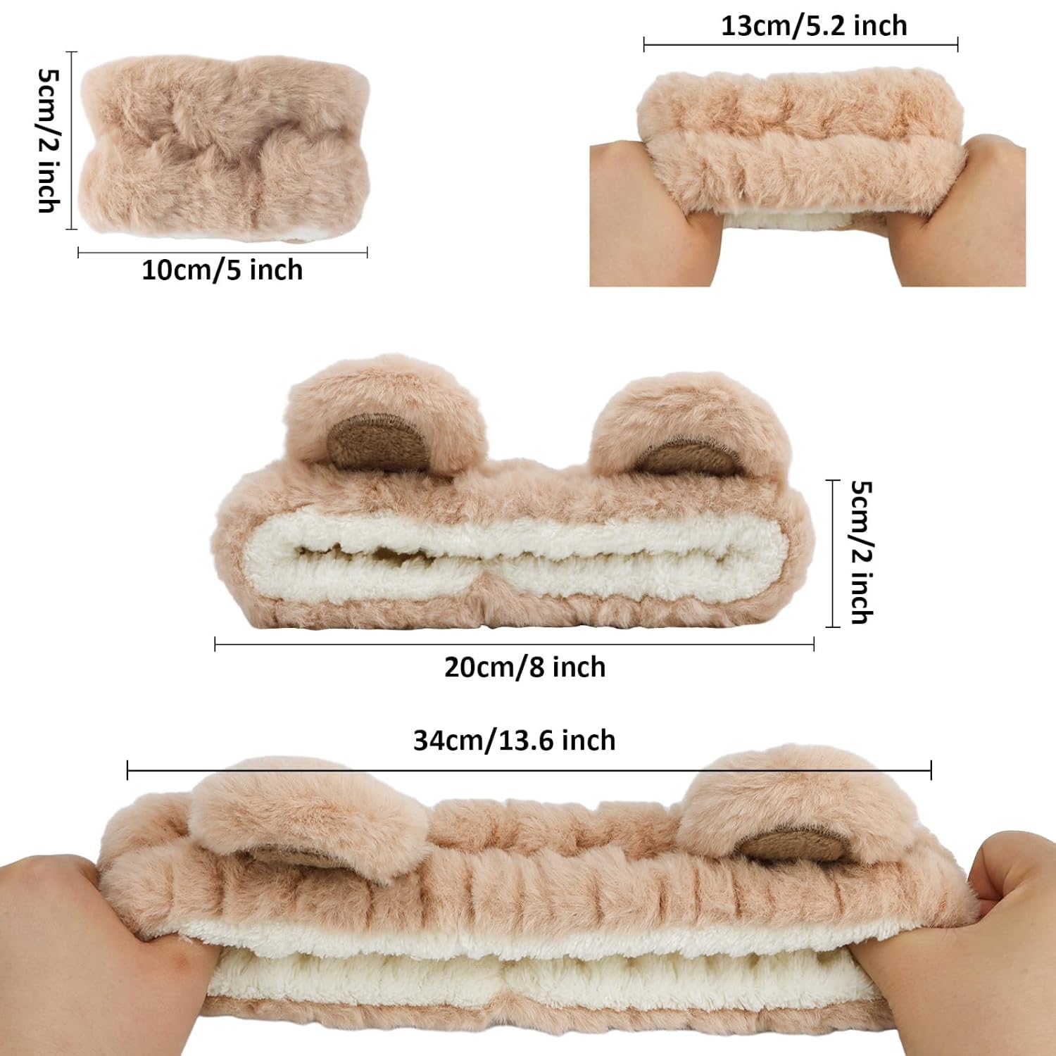Fuzzy Bear Ear Headbands with Matching Wristbands for Women's Facial Makeup, Skincare, Spa, and Face Washing (Brown) - Image 2