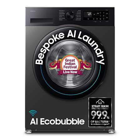 Samsung Smart Choice Smart Choice 12 kg, 5star, AI Ecobubble, Super Speed, Wi-Fi, Hygiene Steam with Inbuilt Heater, Digital Inverter, Fully-Automatic Front Load Washing Machine (WW12DG5B24AXTL, Inox)