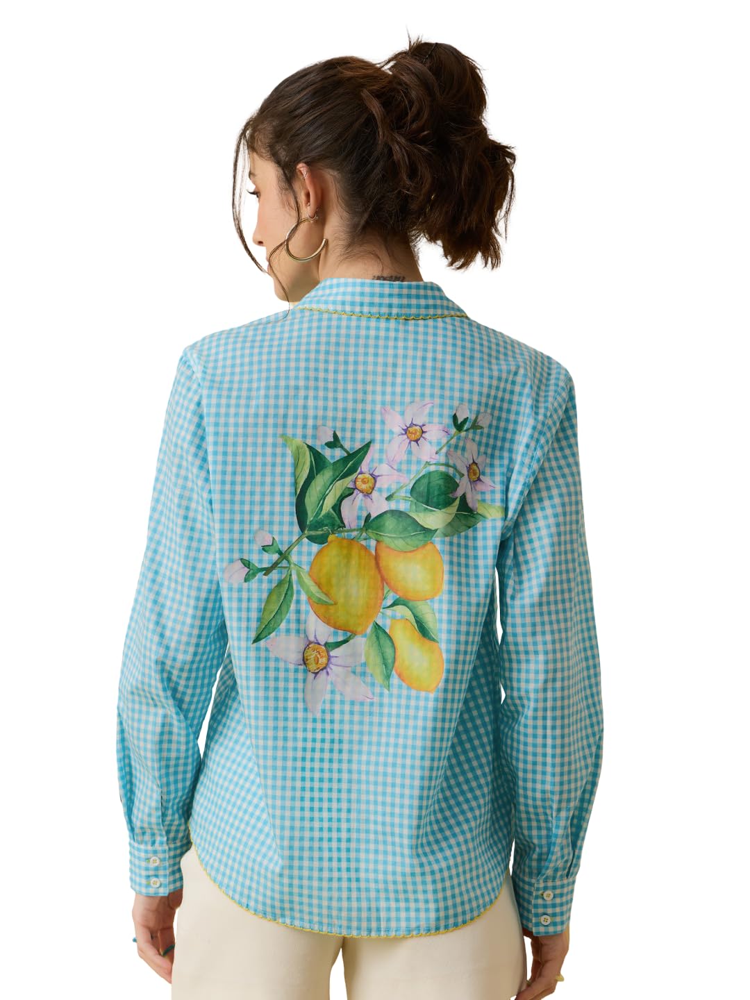 the souled store Plaid Shirt: Floral Bloom Women and Girls Full-Length Sleeves Spread Collar Light Blue and White Gingham Checks Graphic Printed 100% Cotton Oversized Fit Breathable Lightweight Shirt-picture-31