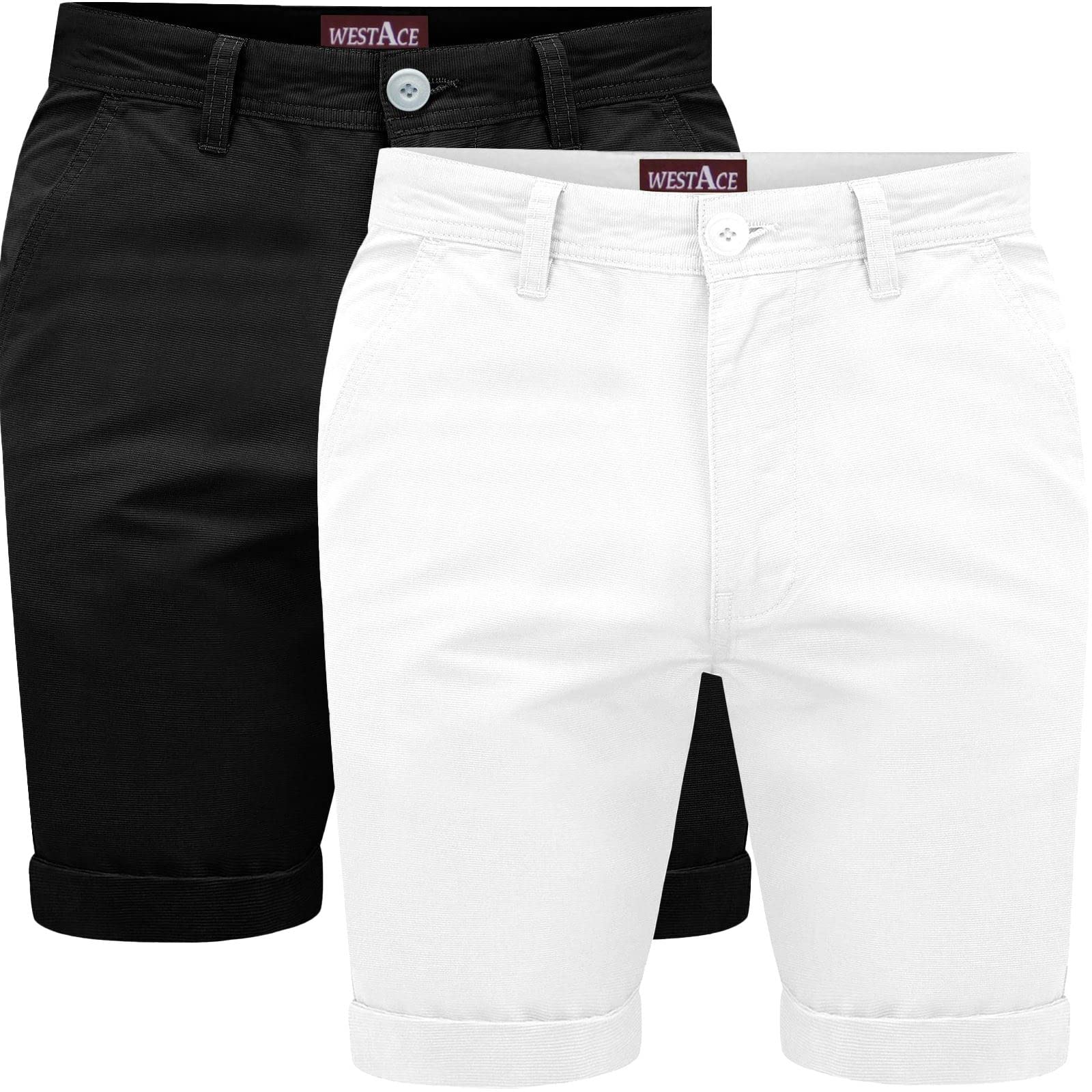 Westace Men's White & Black Pack Of 2 Chino Shorts Cotton Half Pant Casual Summer Cargo Combat Short Trousers, 34W