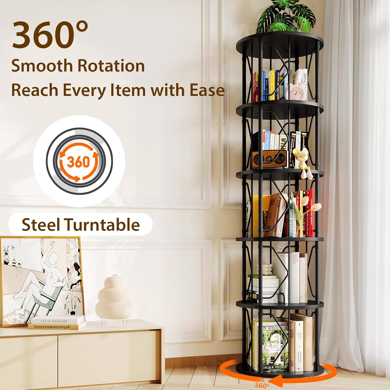 5 Tier Rotating Bookshelf Tower, Revolving Bookcase, 360° Round Spinning Book Shelf, Narrow Swivel Bookshelves Vertical Turning Corner Bookshelf Organizer for Bedroom, Living Room, Black
