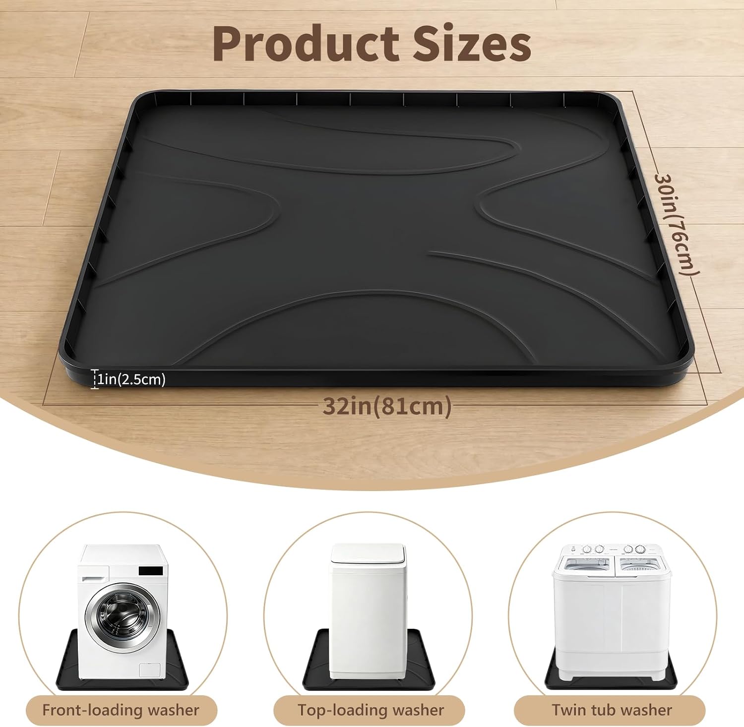 Washing Machine Drain Pan，Large Silicone Mat Gray with Raised Reinforced Frame & Triangular Reinforcing Rib, fits Most Washer Models, Washing Machine Tray for Floor Protection in Laundry Room (black)