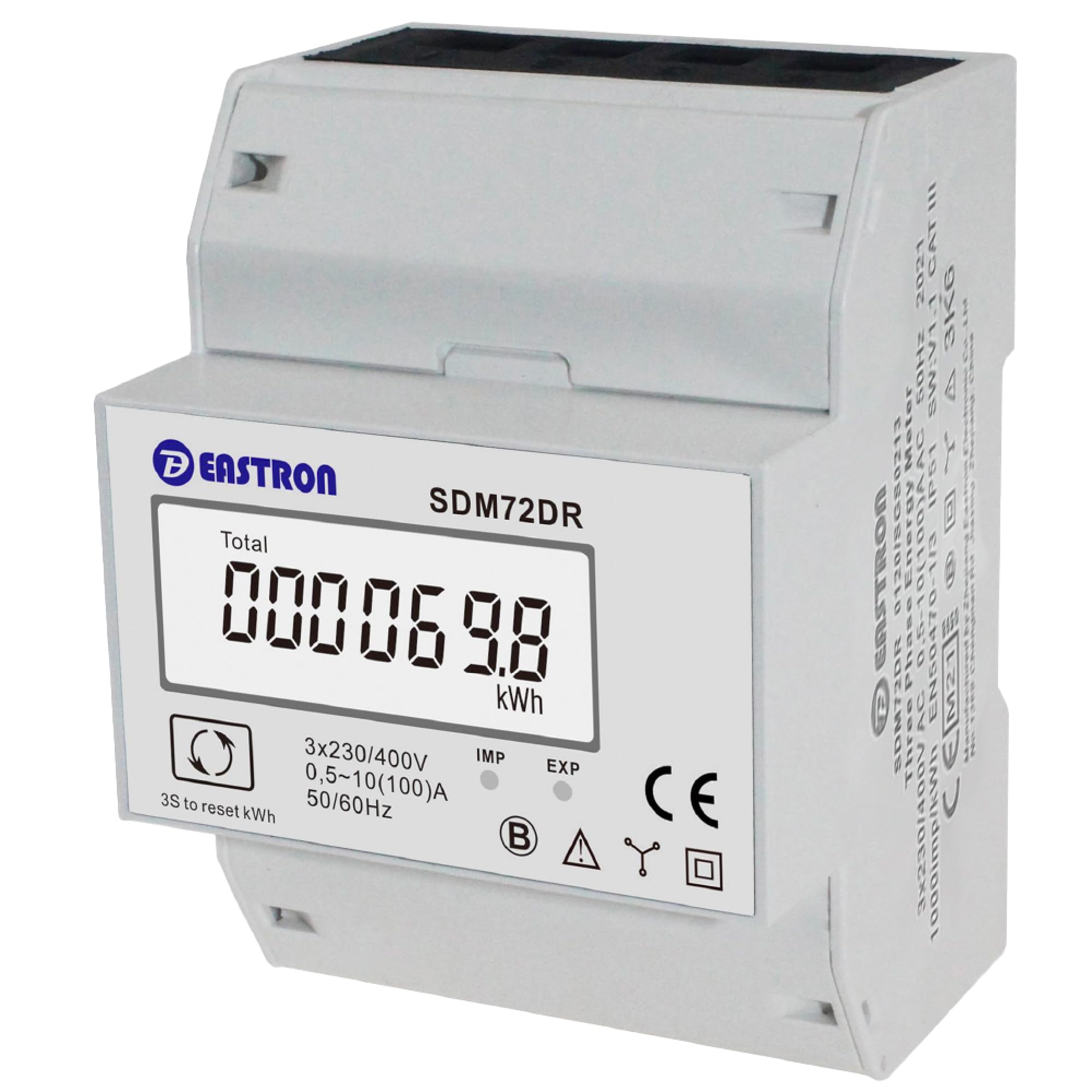 EASTRON SDM72-DR-MID - digitaler Drehstromzähler - 100A 3-phasig - Stromzähler für DIN-Schiene mit Resetmöglichkeit - geeicht
