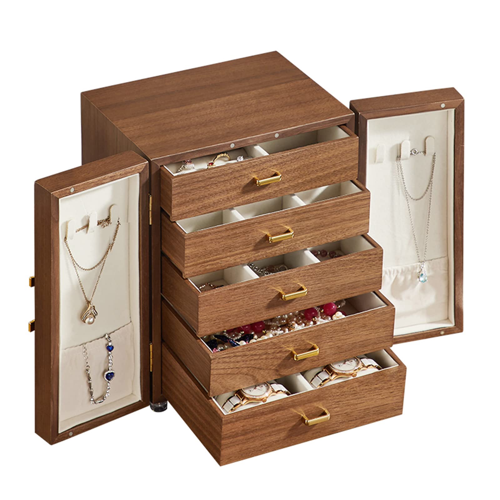 Wooden Jewelry Box for Women, 5 Layer Drawer Jewelry Organizers, with Necklace Hook, for Jewelries, Necklaces, Rings, Vintage Style Storage Box (Brown)