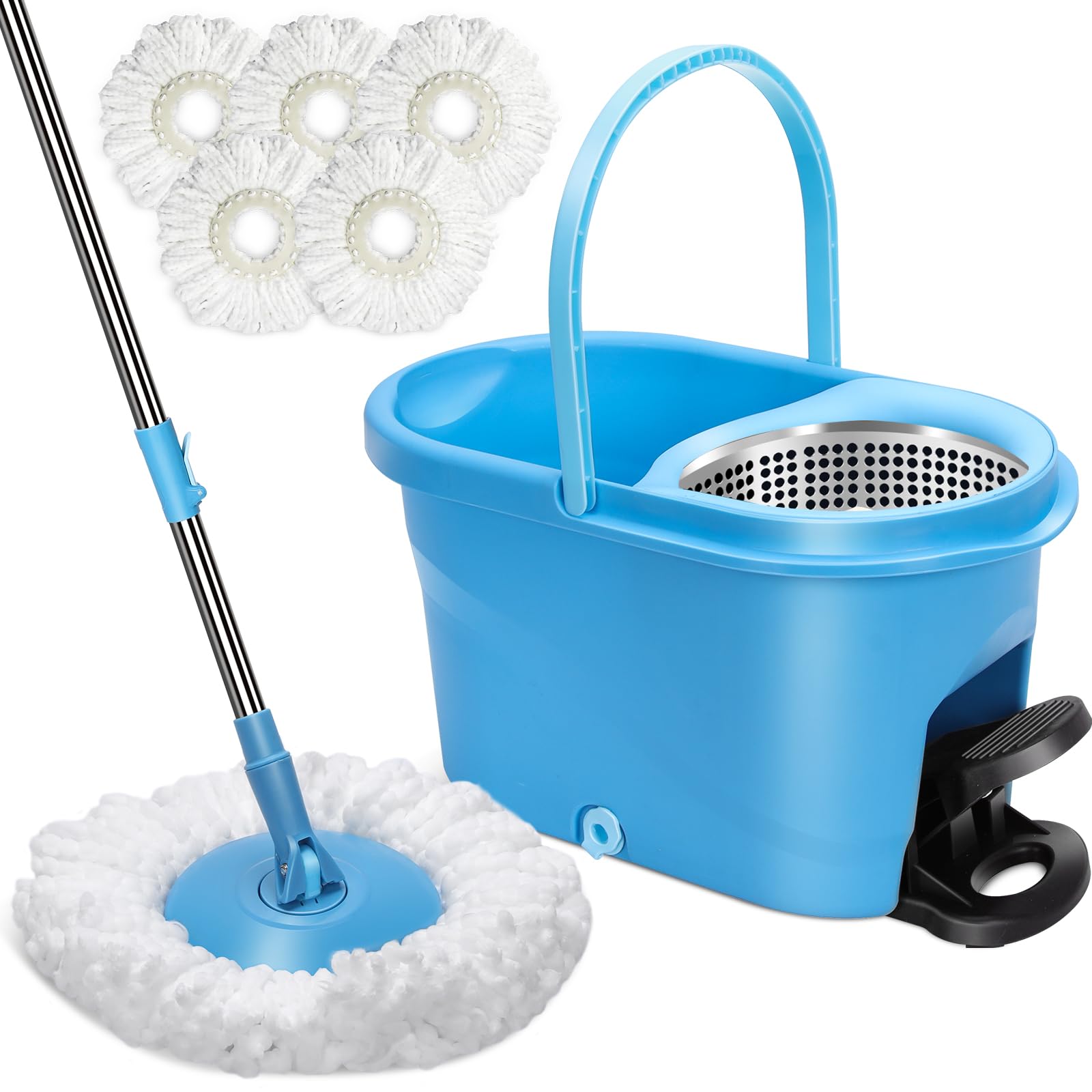 MASTERTOP Spin Mop and Buckets Sets, Lightweight Foot Pedal Bucket Mop Set with 5pcs Rotating Mop Head, Microfibre Floor Mops for Cleaning Floors Laminate Tile Hardwood - Blue