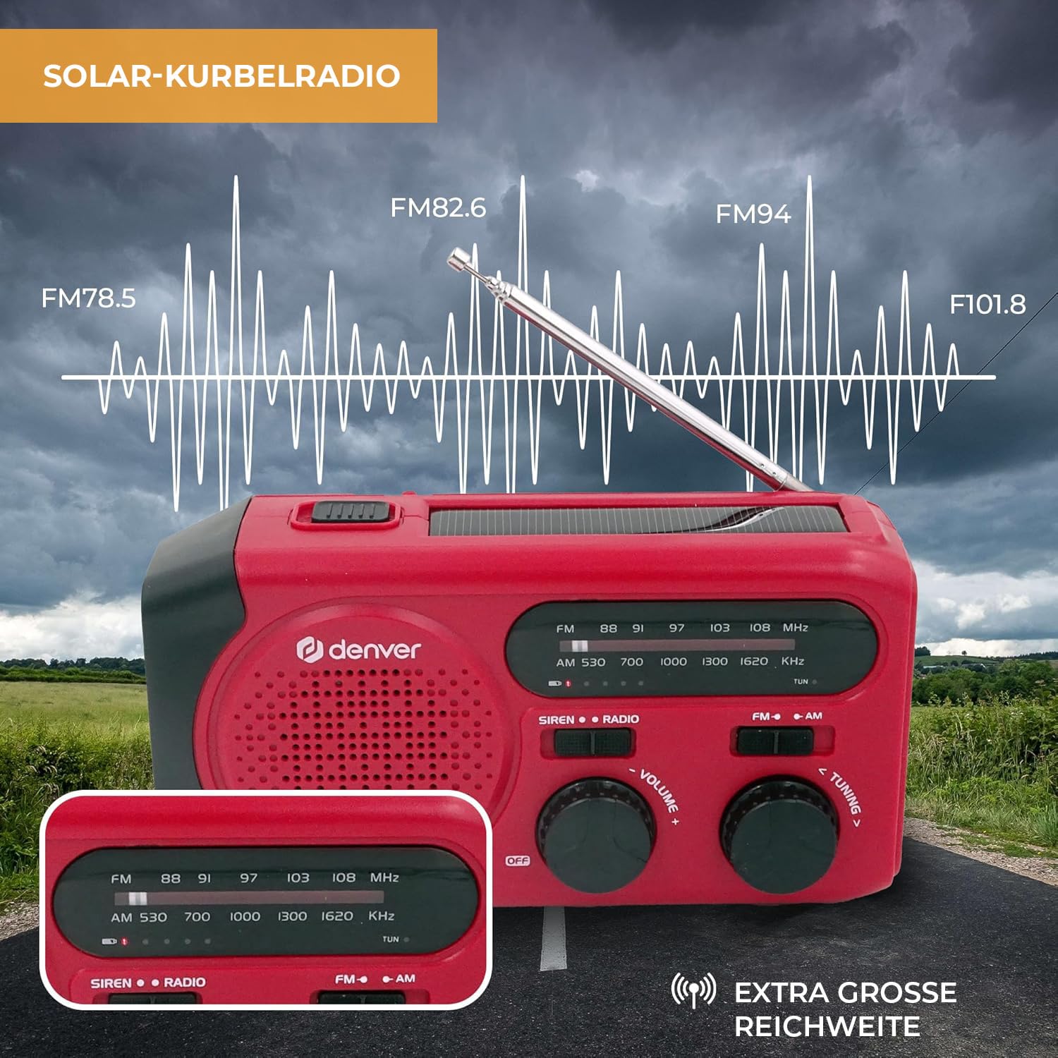 Denver SCR-2010MK2 Kurbelradio Notfallradio Solar – AM/FM Weltempfänger mit Handkurbel - Solarpanel - 2000mAh Powerbank - LED Taschenlampe & SOS – Radio für Notfall - Camping & Outdoor