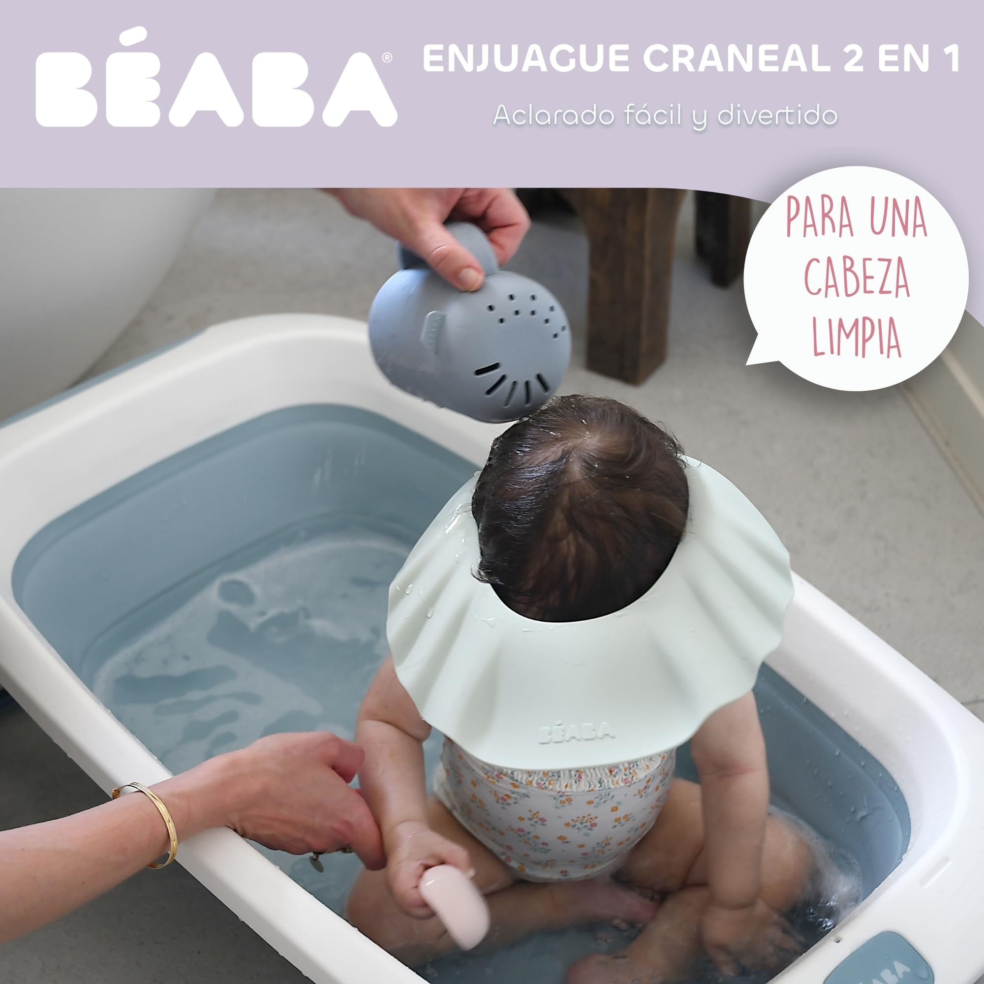 BÉABA, Enjuague Cabeza Bebé, Rociador Baño/Ducha, Juegos de Baño, 2 en 1, Enjuague Cabello y Juegos de Agua de Baño, 2 Tipos de Lluvia, Tapa Extraíble, Silicona, Guijarro