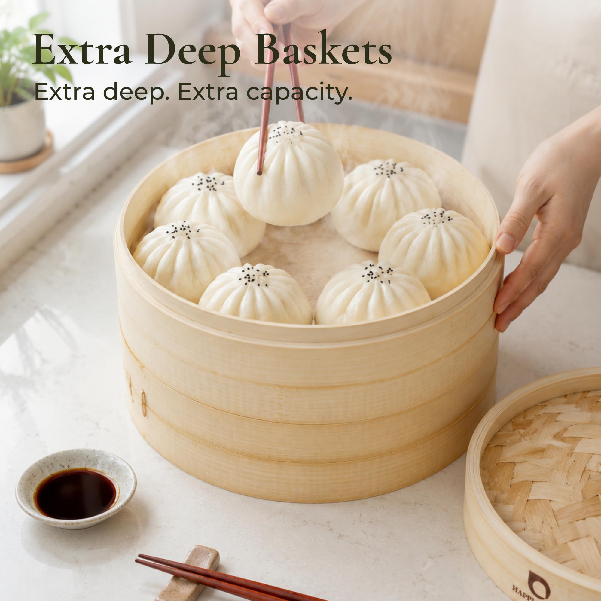 HAPPi STUDIO Bamboo Steamer Basket 10 inch and 304 Stainless Steel Steamer Ring Set - 100% Natural Handmade 2-Tier Dumpling Steamer for Cooking Dim sum, Bao Bun - Cotton Liners Included - Extra Deep