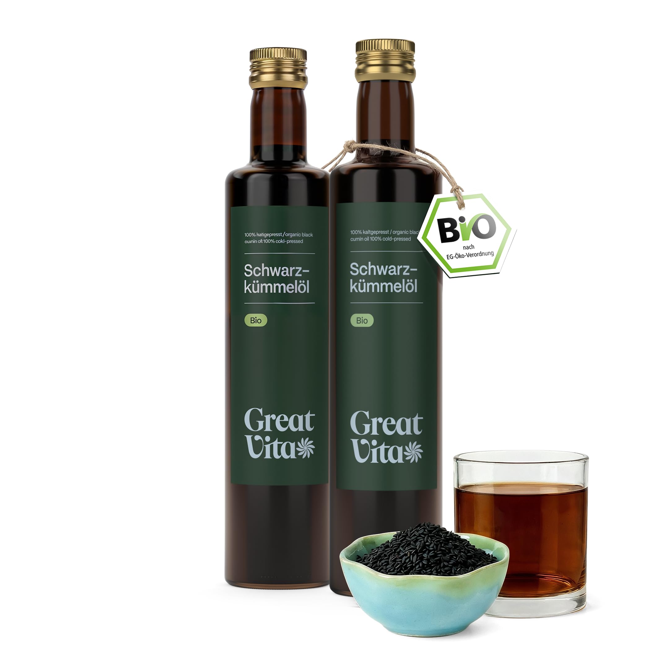 GreatVita Schwarzkümmelöl bio kaltgepresst 1L (2x 500 ml) - 100% rein, vegan - Black Seed Oil - Schwarzkümmelöl kaltgepresst und gefiltert für Küche, Haar-& Körperpflege - ohne Zusatzstoffe