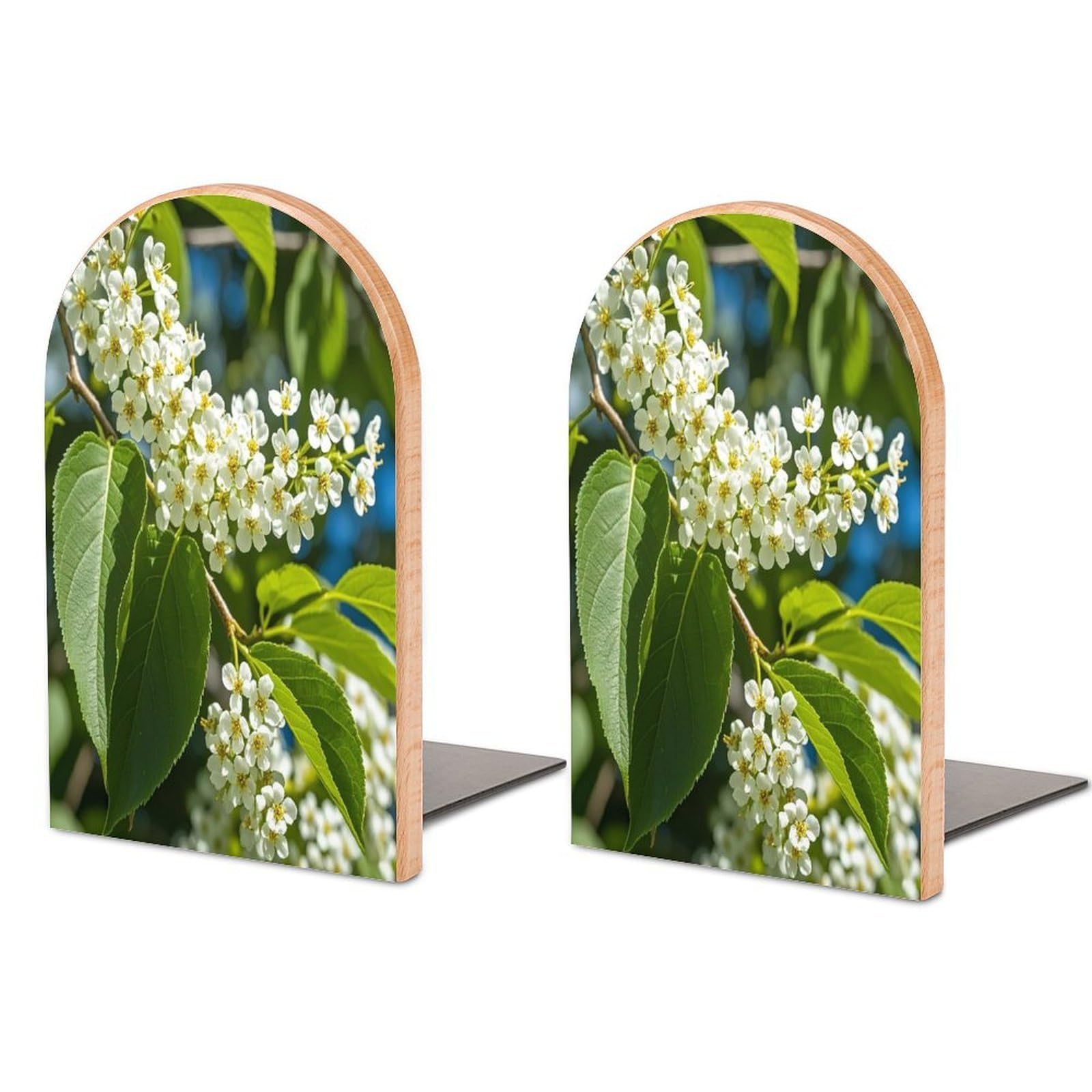 Bird Cherry in Bloom Bookend for Shelves Unique Book End Sturdy Books Holder Heavy Duty Wooden Bookends Support Non-Slip Book Organizers Decorative Modern Bookend Holder for Home