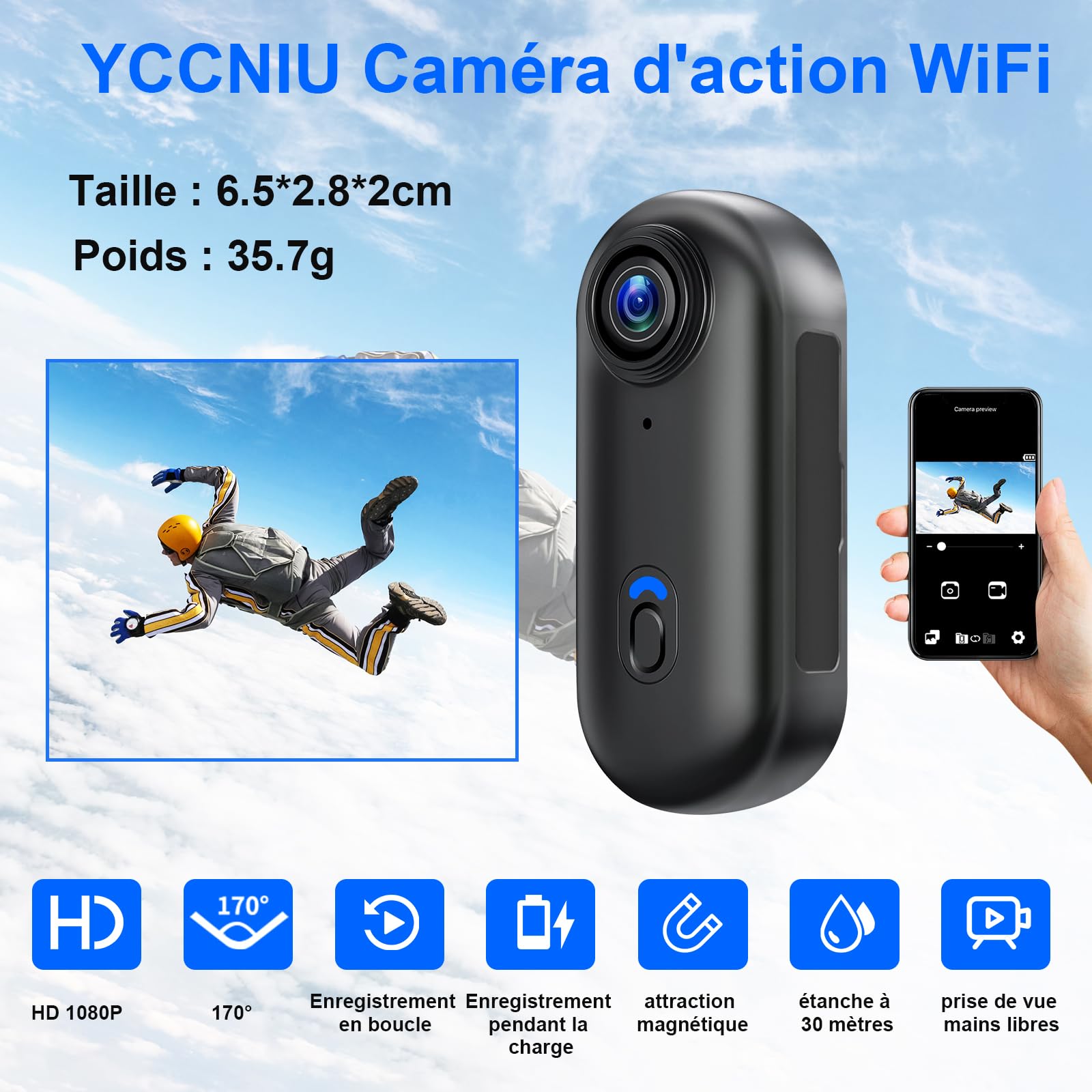 Caméra d'action 64GB, Caméra d'action WiFi pour Casque de Moto, Caméra Vidéo Portable HD 1080P, Mini Caméra de Corps de Sport avec Clip Rotatif 360°, Étui Étanche et Multiples Accessoires