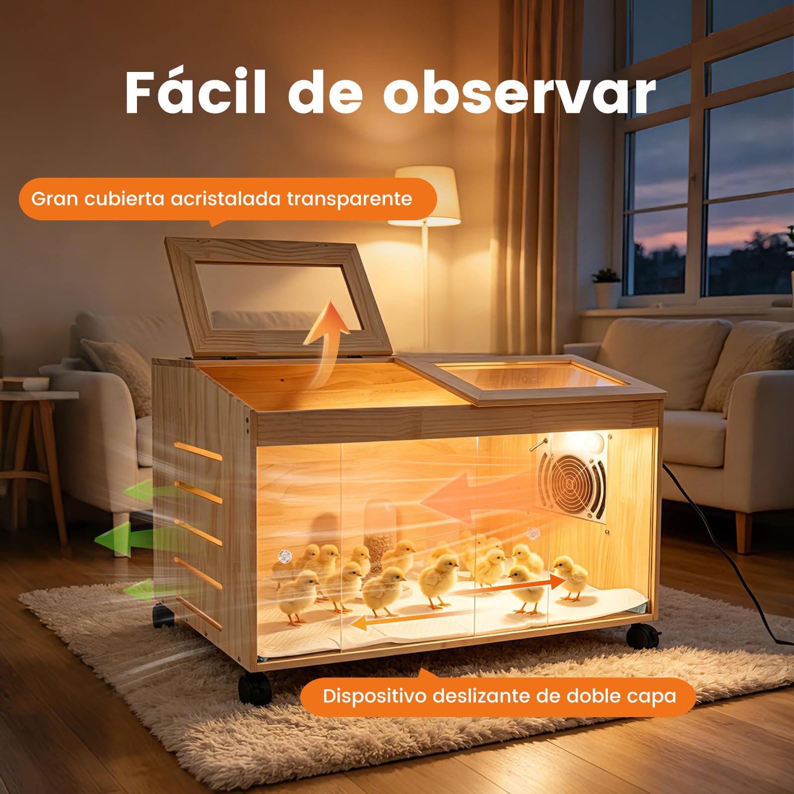 Criadora de Madera con termostato Inteligente,Caja incubadora de pollitoscon 4 Ruedas giratorias con Freno,Criadora con Puertas correderas,Incubadora fácil de Limpiar con ventilación para Pollitos