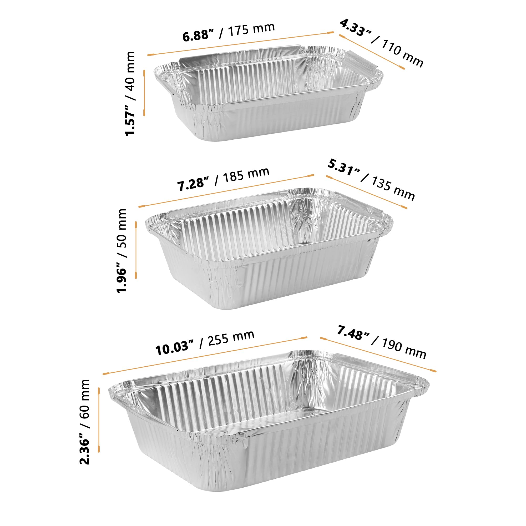 Confezione da 60 vassoi in alluminio con coperchi, 1750 ml/700 ml/410 ml, grandi contenitori in alluminio riutilizzabili, per asporto, cottura, arrosto, frittura, 3 dimensioni
