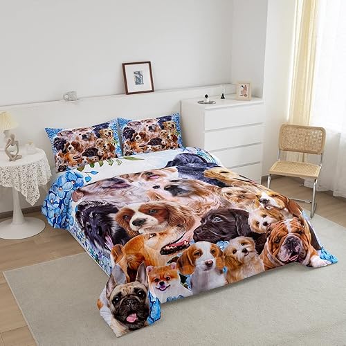 Miniatura 2 de Juego de edredón para niños y niñas, con diseño de animales y cachorros, bonito diseño de caricatura, diseño de collage de pug, bulldog, colección