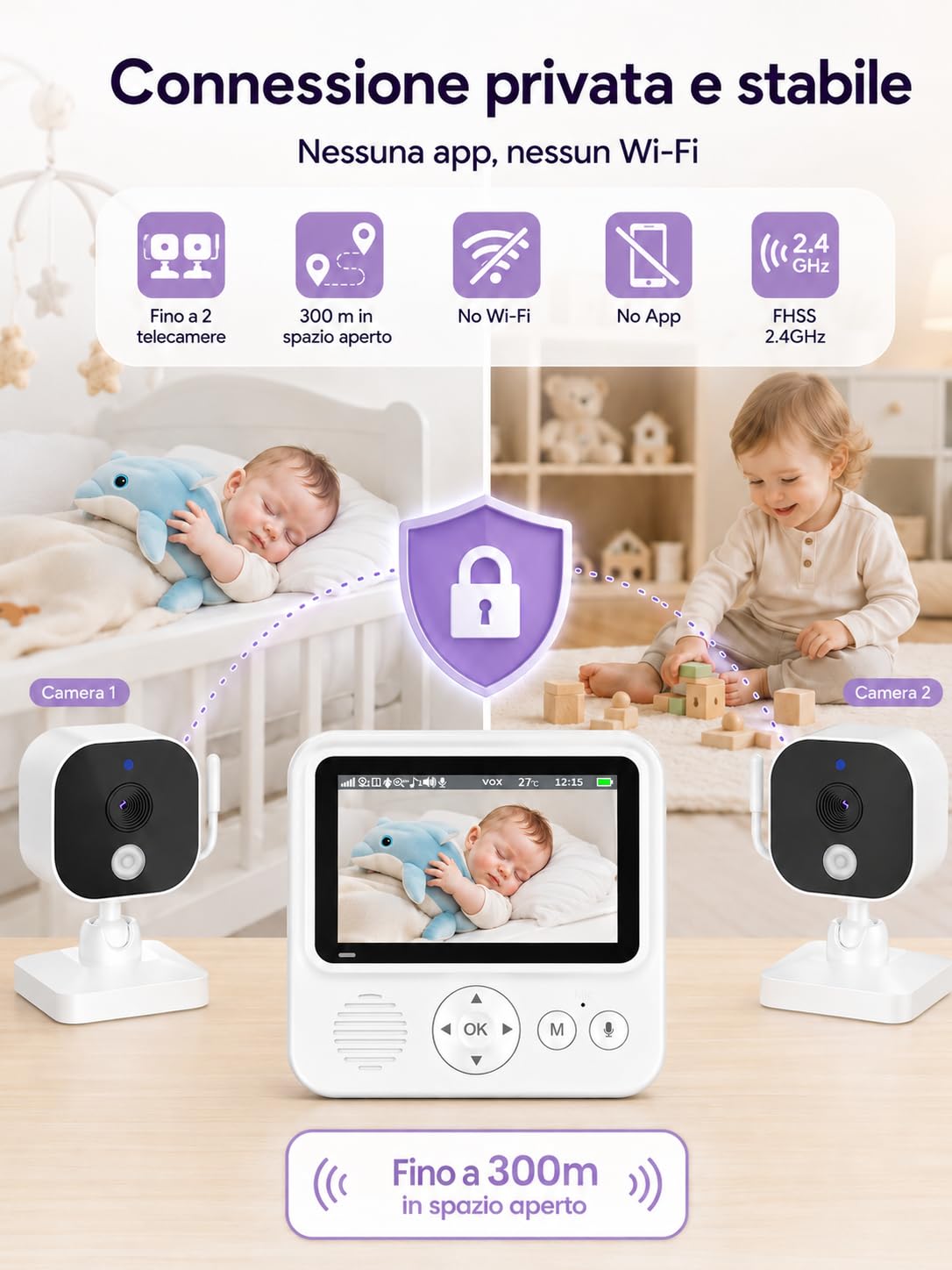 BURNNOVE Baby Monitor con Telecamera, 2000mAh Schermo IPS 2.8" 720P, Visione Notturna, Zoom, Audio Bidirezionale, Modalità VOX, Sensore Temperatura, Ninne Nanne, Connessione FHSS 2.4GHz