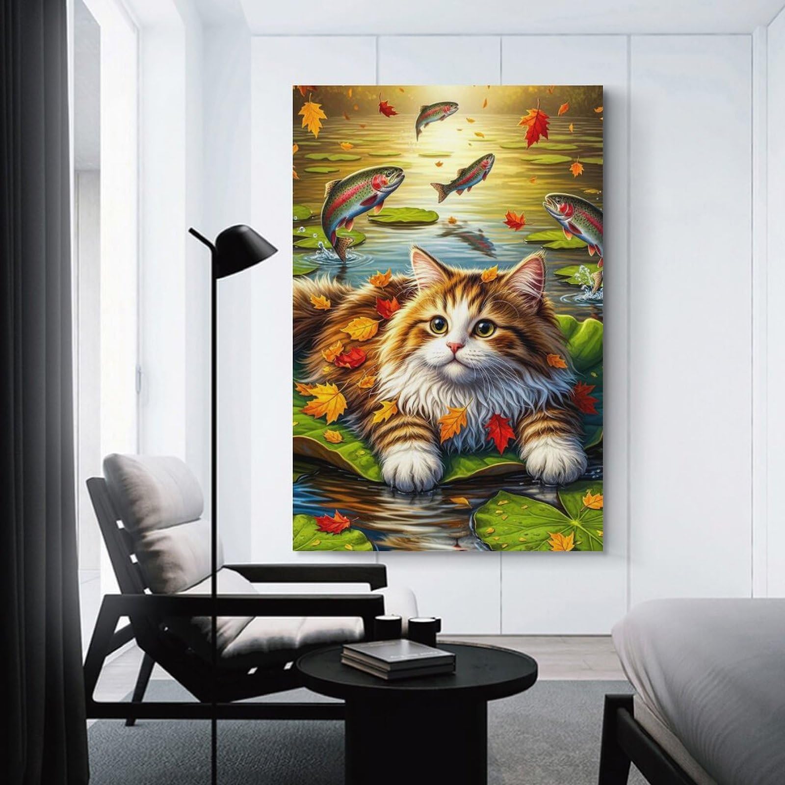 Junmoney Unframe-Style-2 Canvas Wall Decor Cat On Lily Pad With Jumping Fish, 08X12inch(20X30cm), For Lounge Decor, Bedroom Walls Or Flats, Eye Catching Artwork For Blank Walls