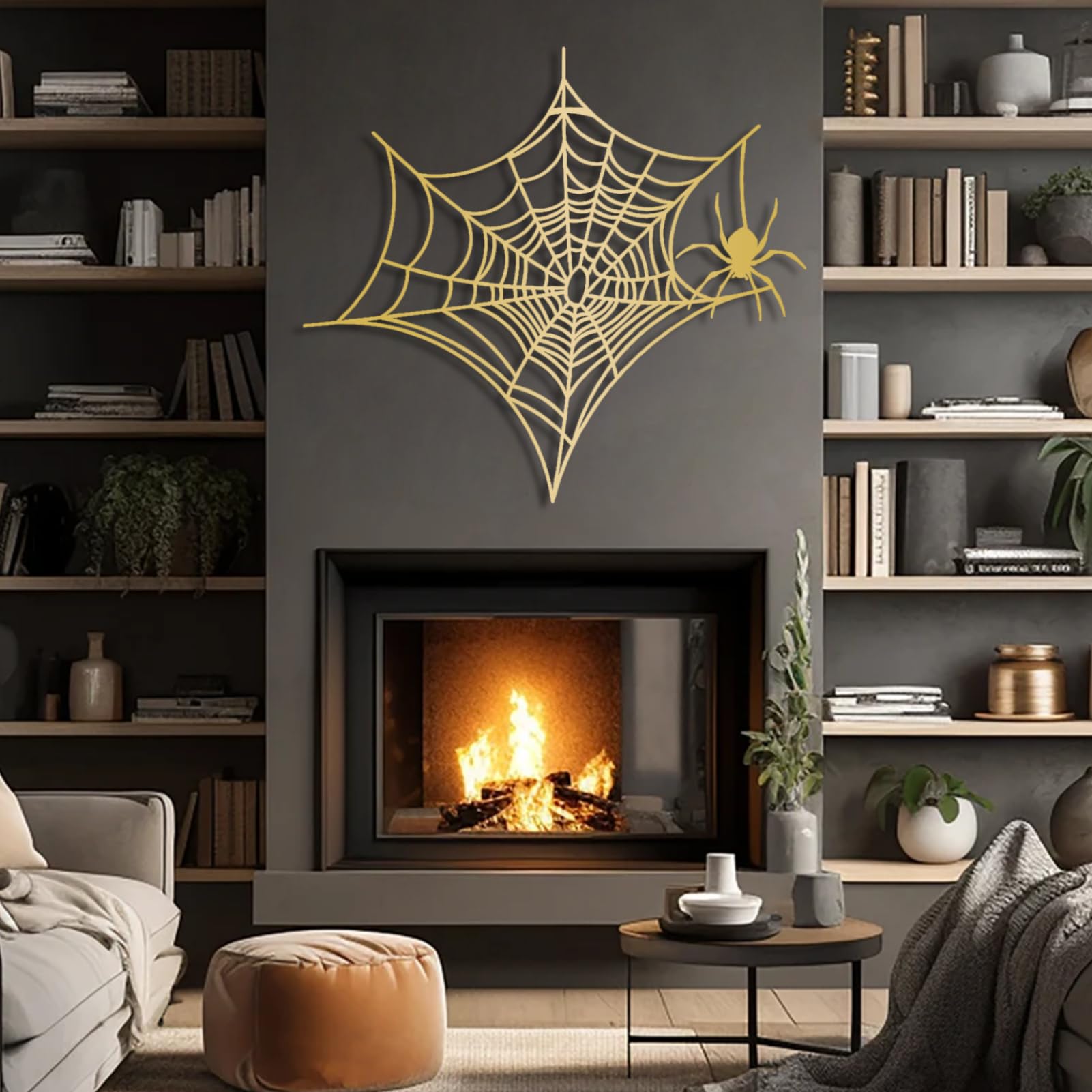 Metalowa, czarna pajęcza sieć, metalowa dekoracja ścienna na Halloween, nowoczesna rzeźba z pająkiem do salonu, sypialni i przedpokoju (biała, 53 x 48 cm)