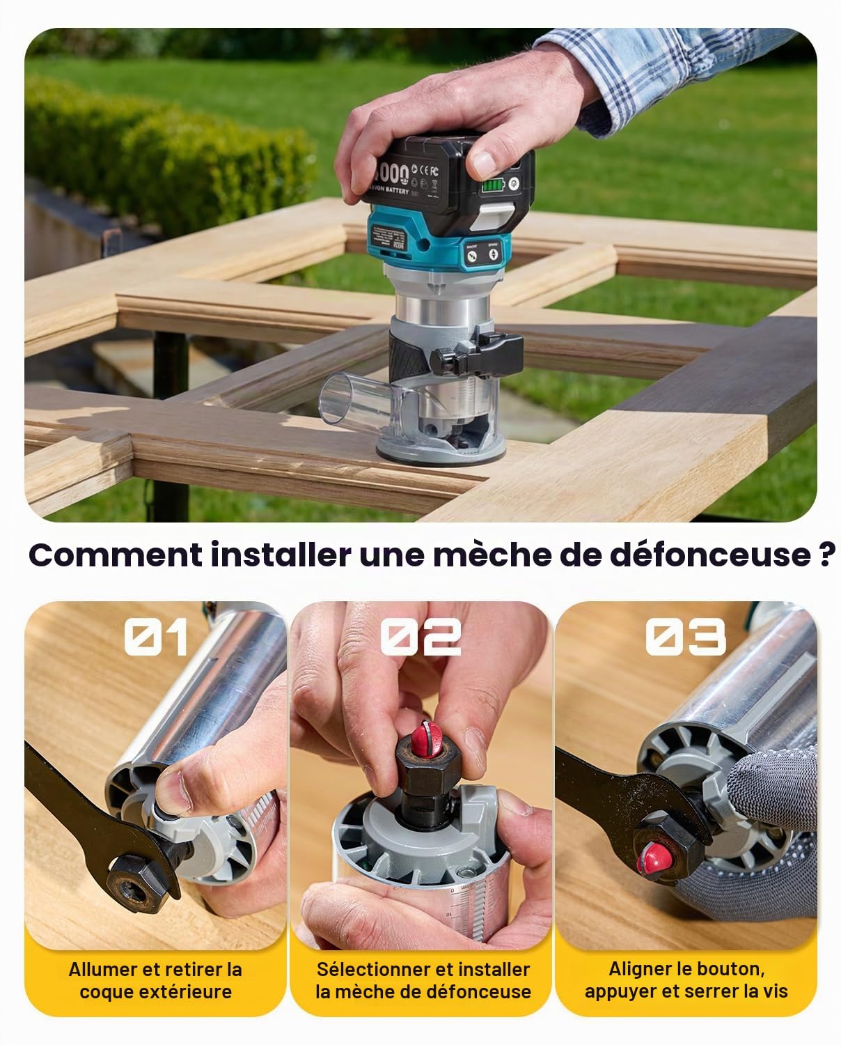 SEESII Défonceuse sans fil, 33 000 tr/min Affleureuse à Bois à 8 vitesses