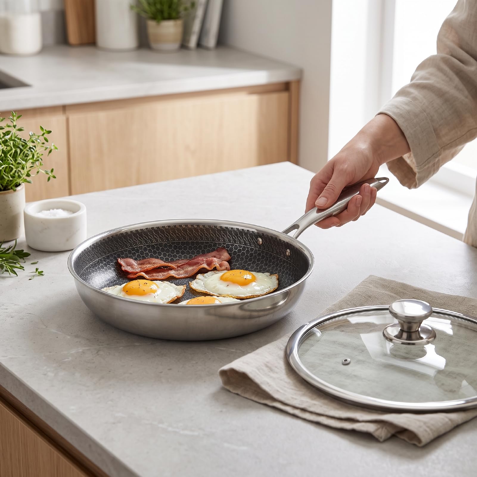Wok z Płaskim Dnem, Stal Nierdzewna 316, Indukcyjny, 28 Cm
