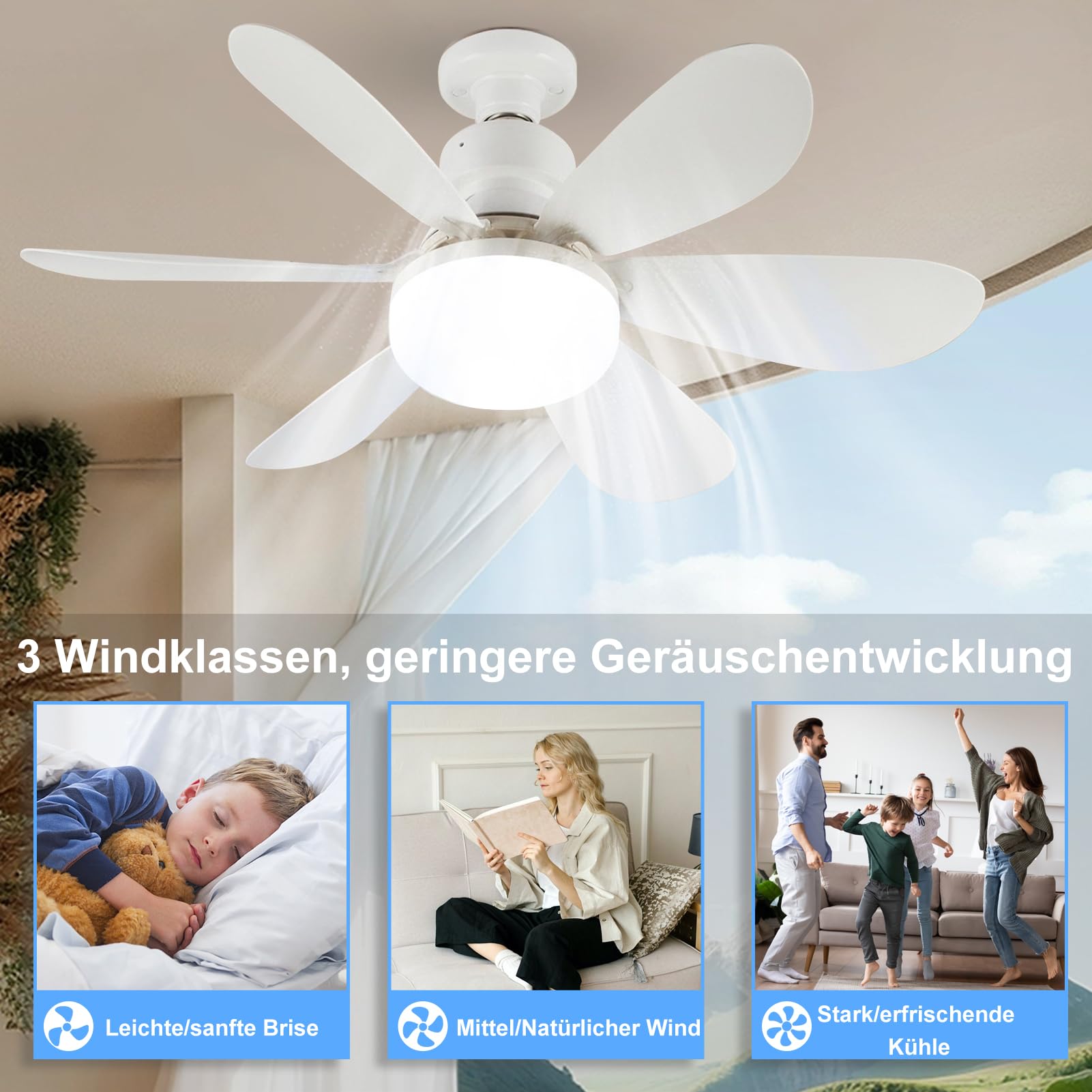 52CM Ventilateur de plafond avec éclairage et télécommande, 40 W 3000 K-6500 K Plafonnier avec ventilateur 3 vitesses Silencieux, intensité réglable, minuterie pour chambre à coucher et salle à mang