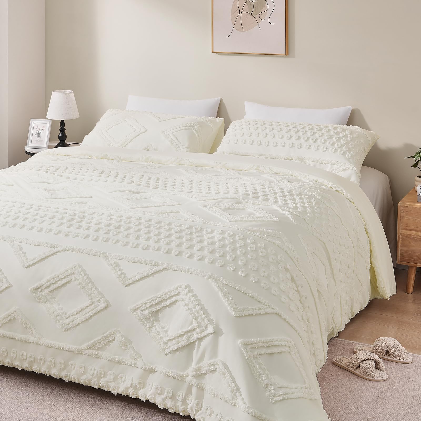 YIXWZAS Boho Queen Comforter Set Beige with Sheets, 3 Pieces Tufted Queen Comforter Sets Boho Bedding Cream Soft Warm Neutral Comforter Sets for All