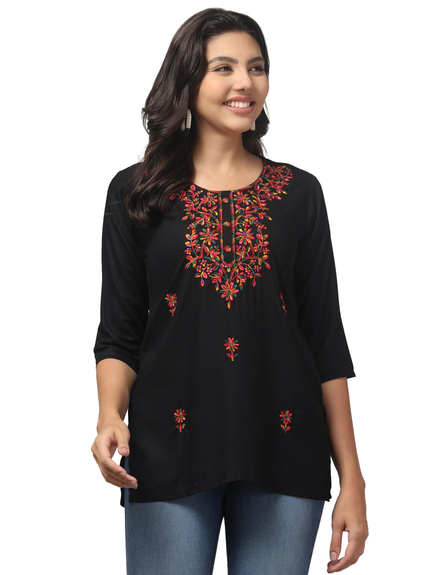Women's Floral Embroidered Short Kurti | Round Neck | 3/4 Sleeves | Casual & Ethnic Wear Tunic Top-picture-41