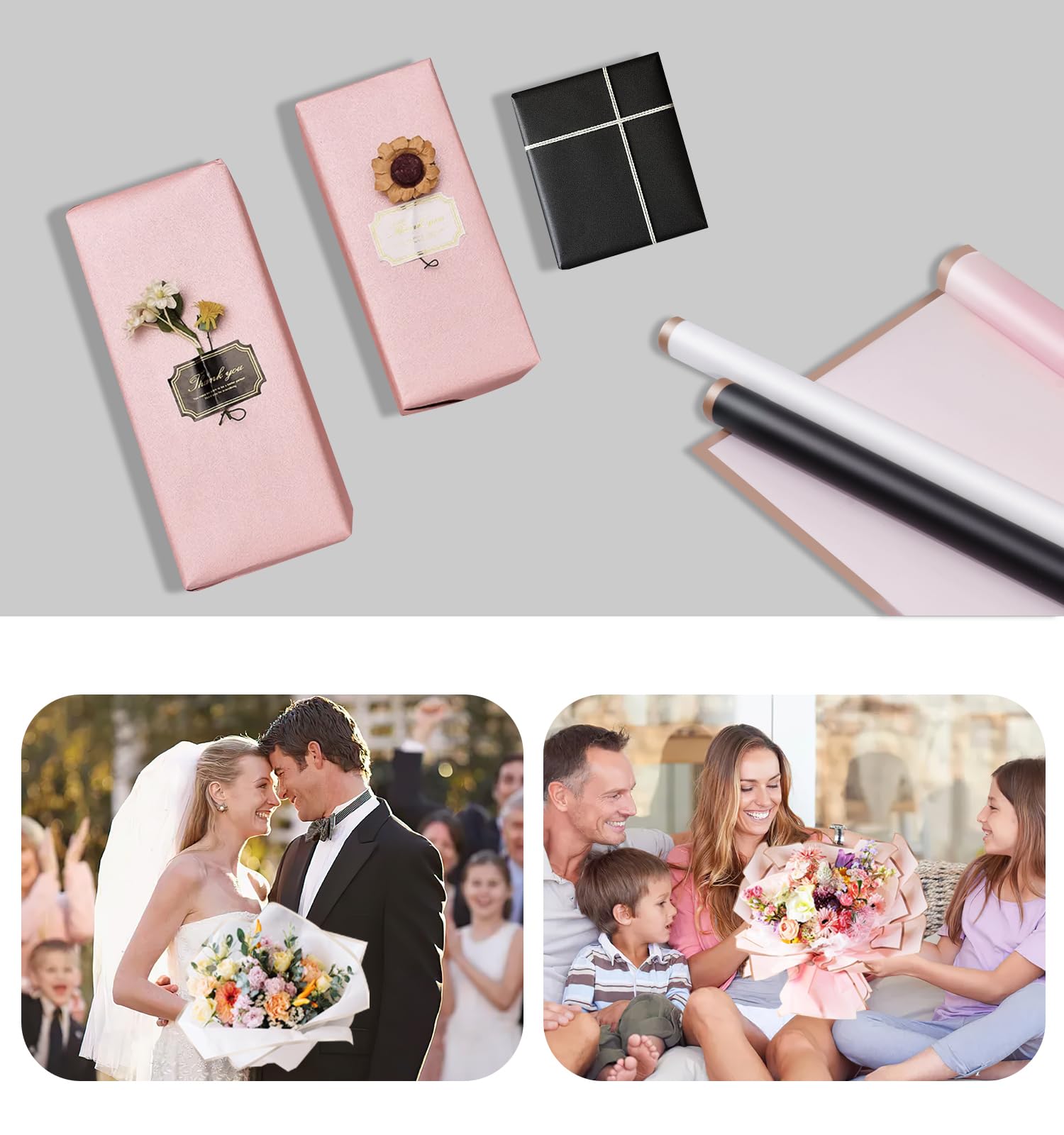 MATT SAGA Lot de 60 feuilles de papier cadeau pour bouquet de fleurs, ruban de satin, papillons 3D, épingles à fleurs, cartes, papier d'emballage de fleuriste pour mariage, anniversaire, fleuriste
