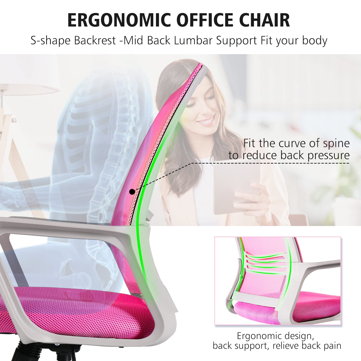 Desk Chair, Office Chair Mesh, Ergonomic Home Office Desk Chair Swivel  Adjustable Task Chair Computer Chairs Mid Back with Rolling Wheels and  Armrests