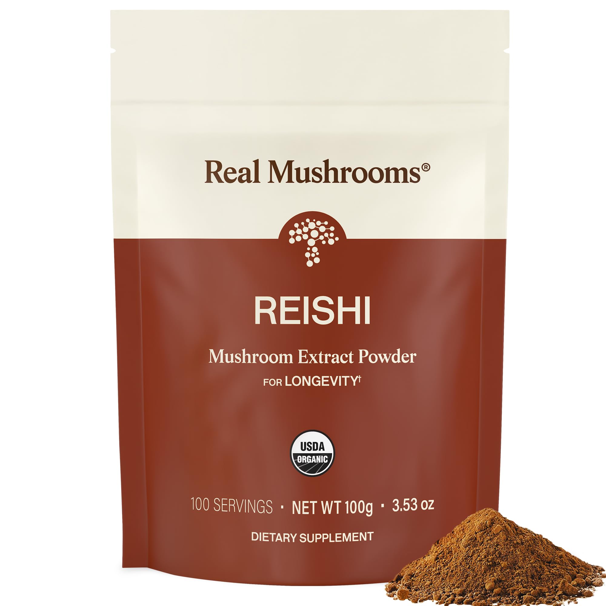 - Real Mushrooms Reishi Mushroom Powder - Handpicked Organic Mushroom Extracts - Red Reishi for Tranquil Daily Wellness with Verified Beta Glucans Vegan, Non-GMO, No Grain Fillers, 100 Servings