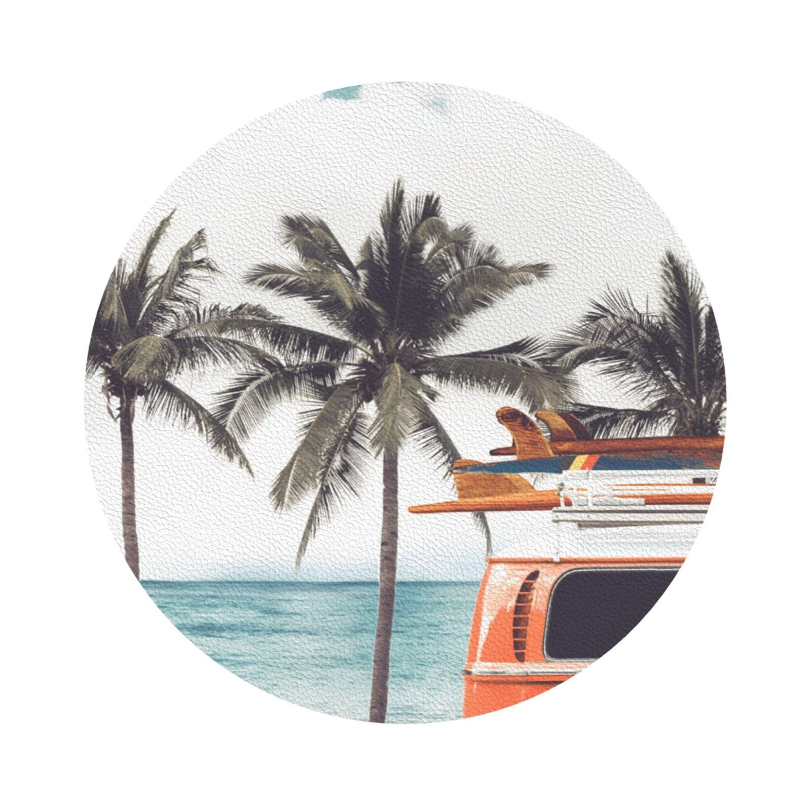Colorful Bus Palm Tree PU Leather Coasters Set of 6 Round Drink Coasters