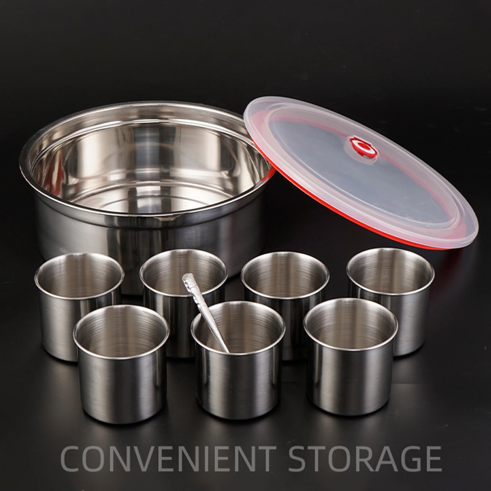 Recipiente de Acero Inoxidable de 7 Rejillas para Juego de Especias, Tarro de Especias Redondo de 25 cm con Tapa Transparente, Caja Organizadora de Condimentos de Cocina con Cuchara para Condimentos