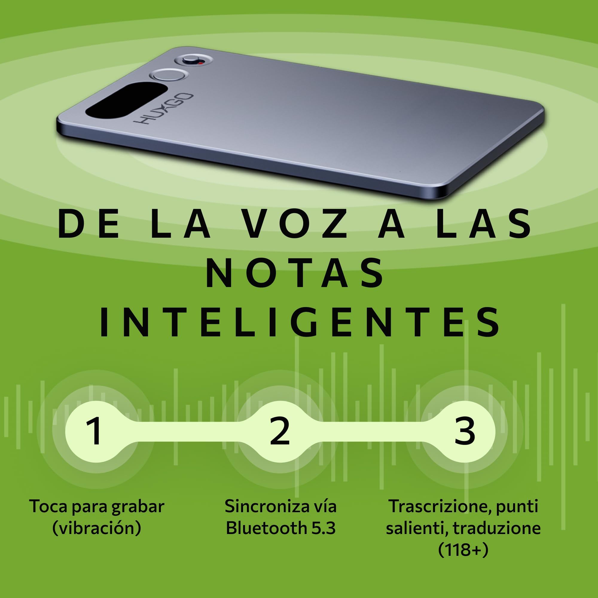 Grabadora de Voz – 64GB con Doble Micrófono y Reducción de Ruido – Batería de 35h, Bluetooth 5.3 – Transcripción y Traducción por App (118+ Idiomas) – HUXGO®