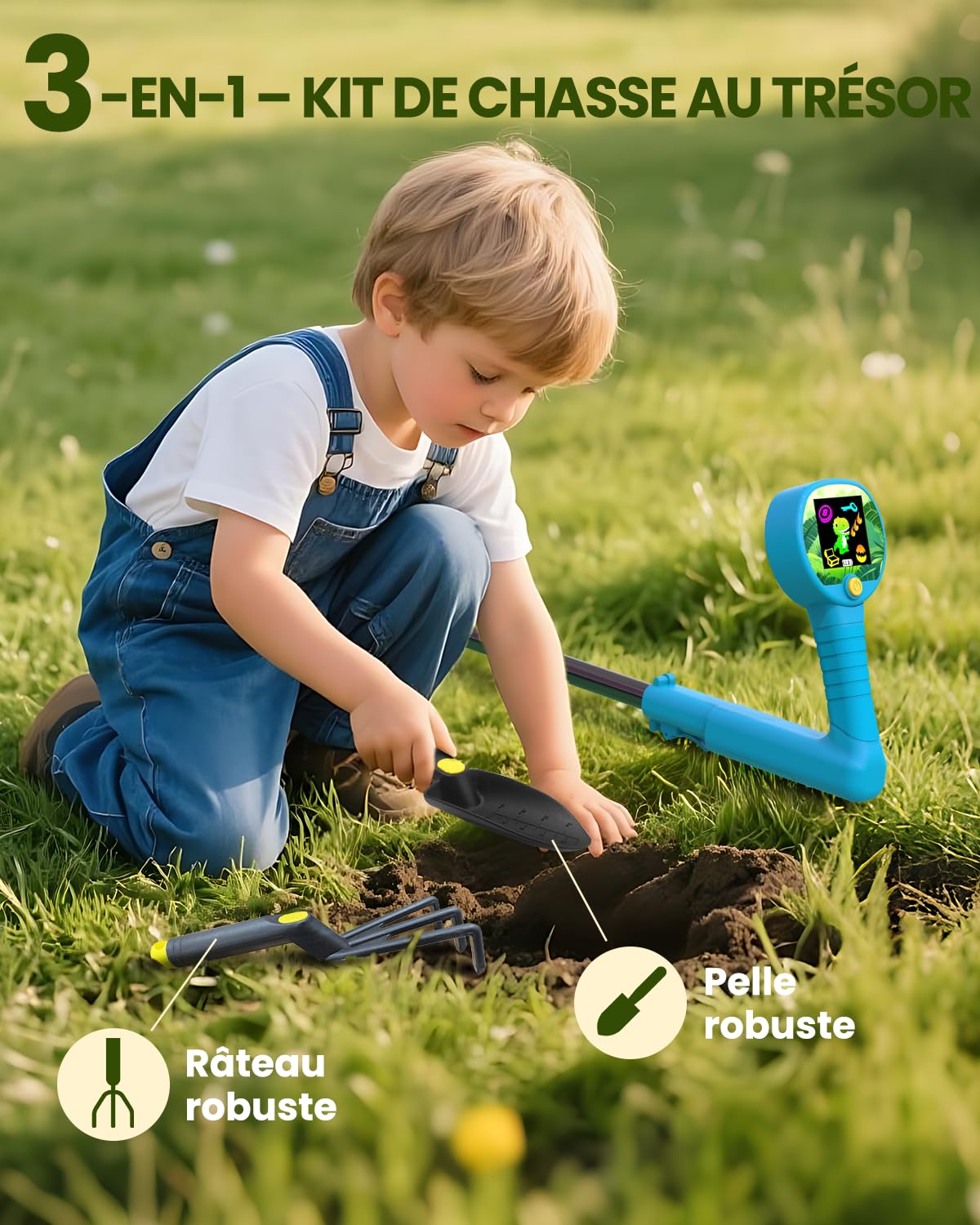 GreenRex Metalldetektor Kinder, Für Kinder von 3–12 Jahren, 6CM HD LCD Display, Ton & Lichtsignale, 59–82CM höhenverstellbar, 10CM Präzision, 470g leicht, lehrreiches Outdoor-Set,Blau