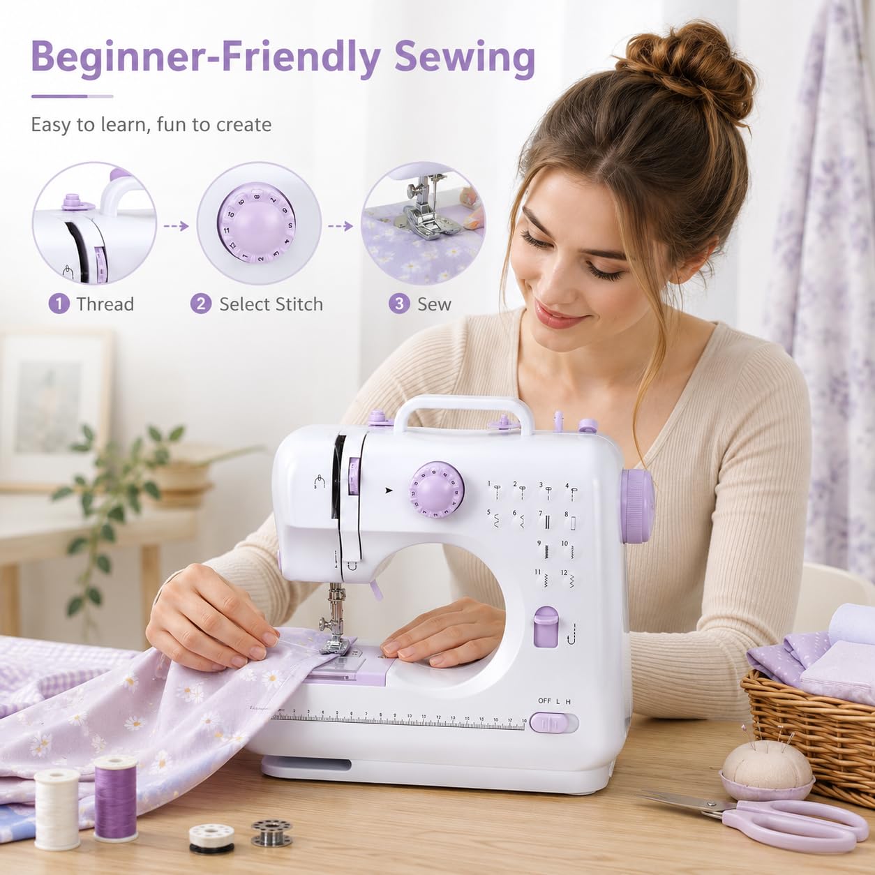 Mini machine à coudre pour débutants, 12 points, ménage, double fil, machine à coudre multifonctionnelle pour enfants, EU 220 V