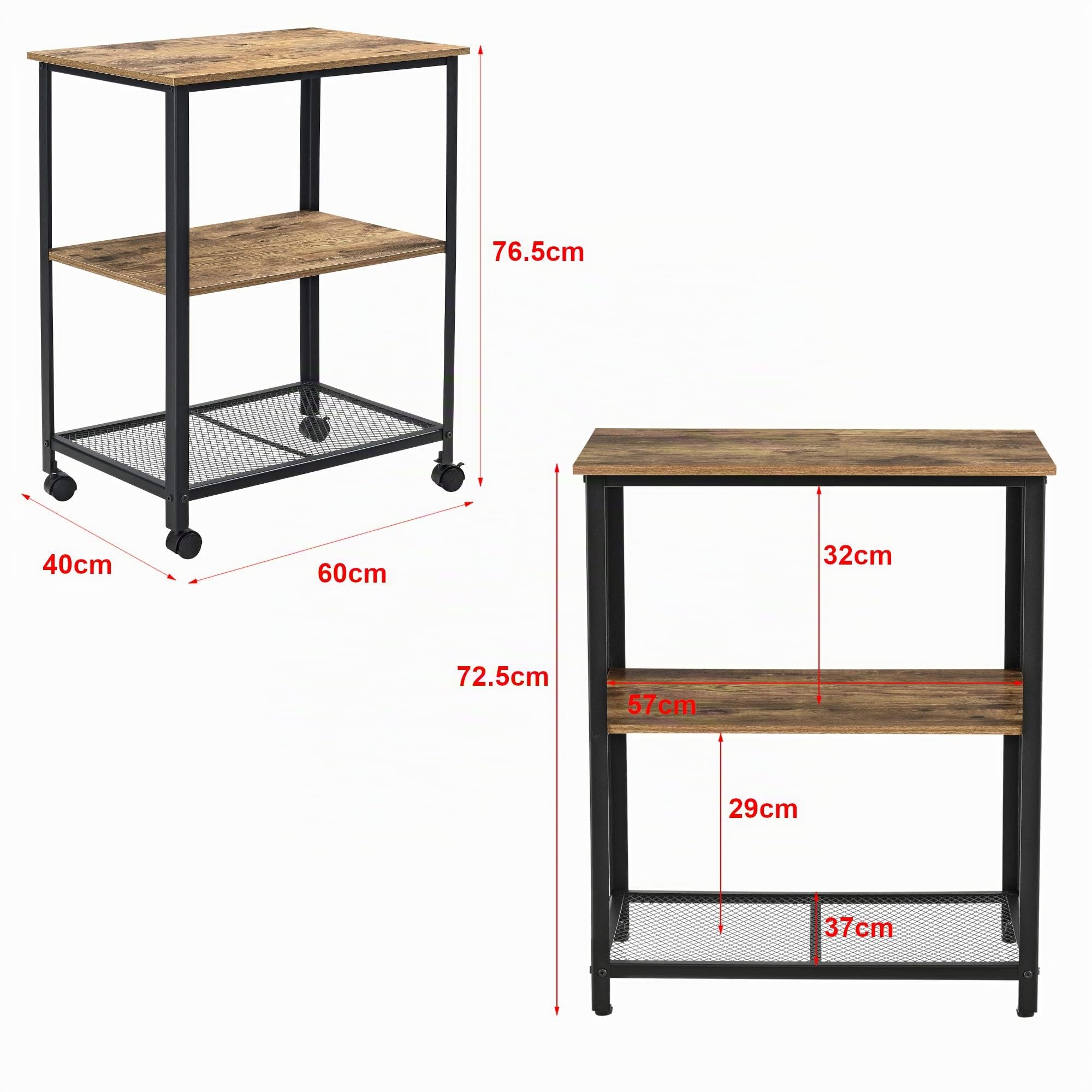 [en.casa] Carrello da Servizio Portavivande in Metallo a 3 Ripiani Carrello Porta Oggetti a 3 Livelli per Cucina Soggiorno Ufficio con Ruote Rimovibili 77x60x40 cm - Nero/Color Legno Scuro