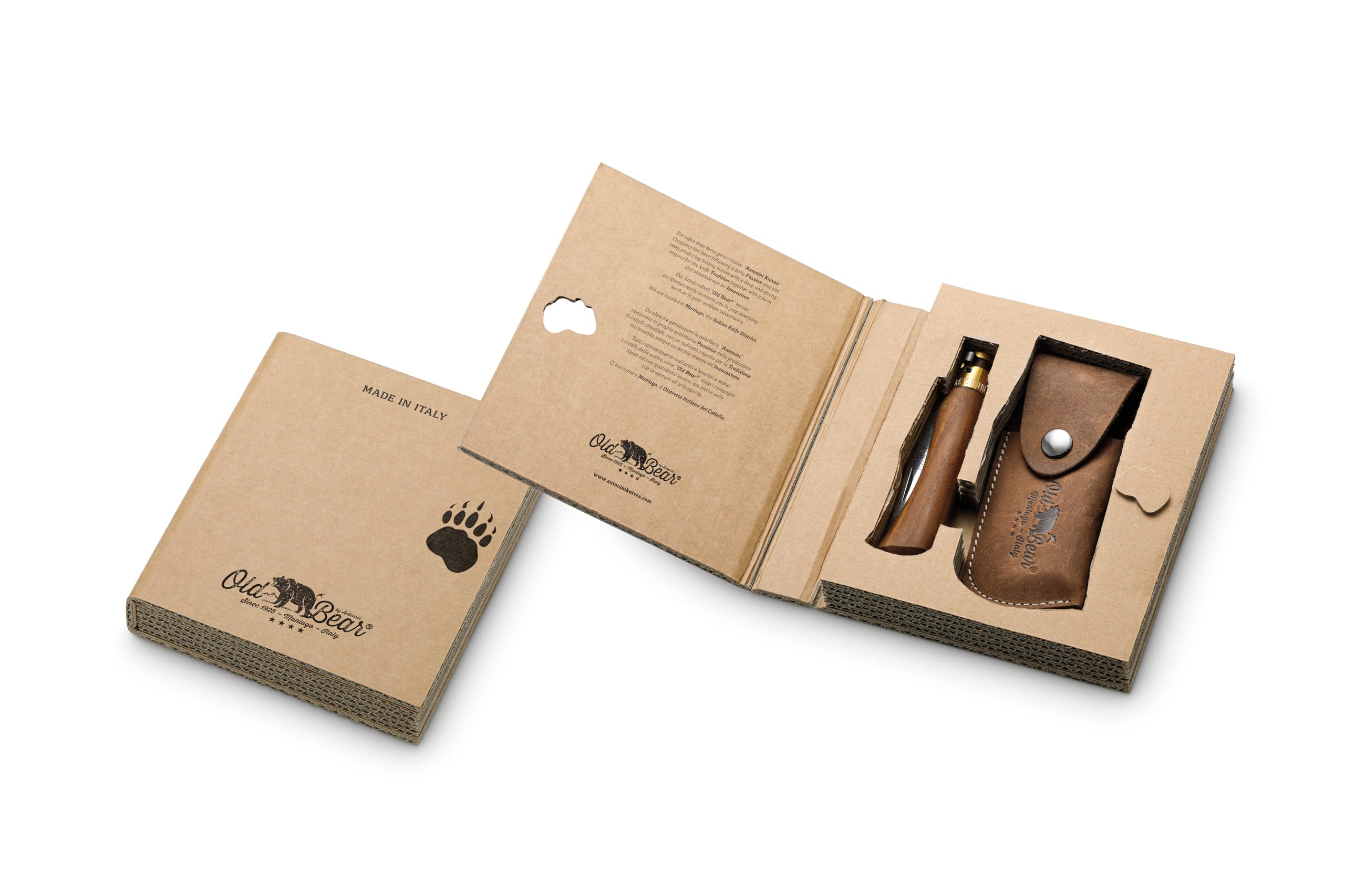 Old Bear Cofanetto regalo linea classica: Coltello legno noce misura M + fodero (art. GIFT-BOX_LNP_MF OBB)
