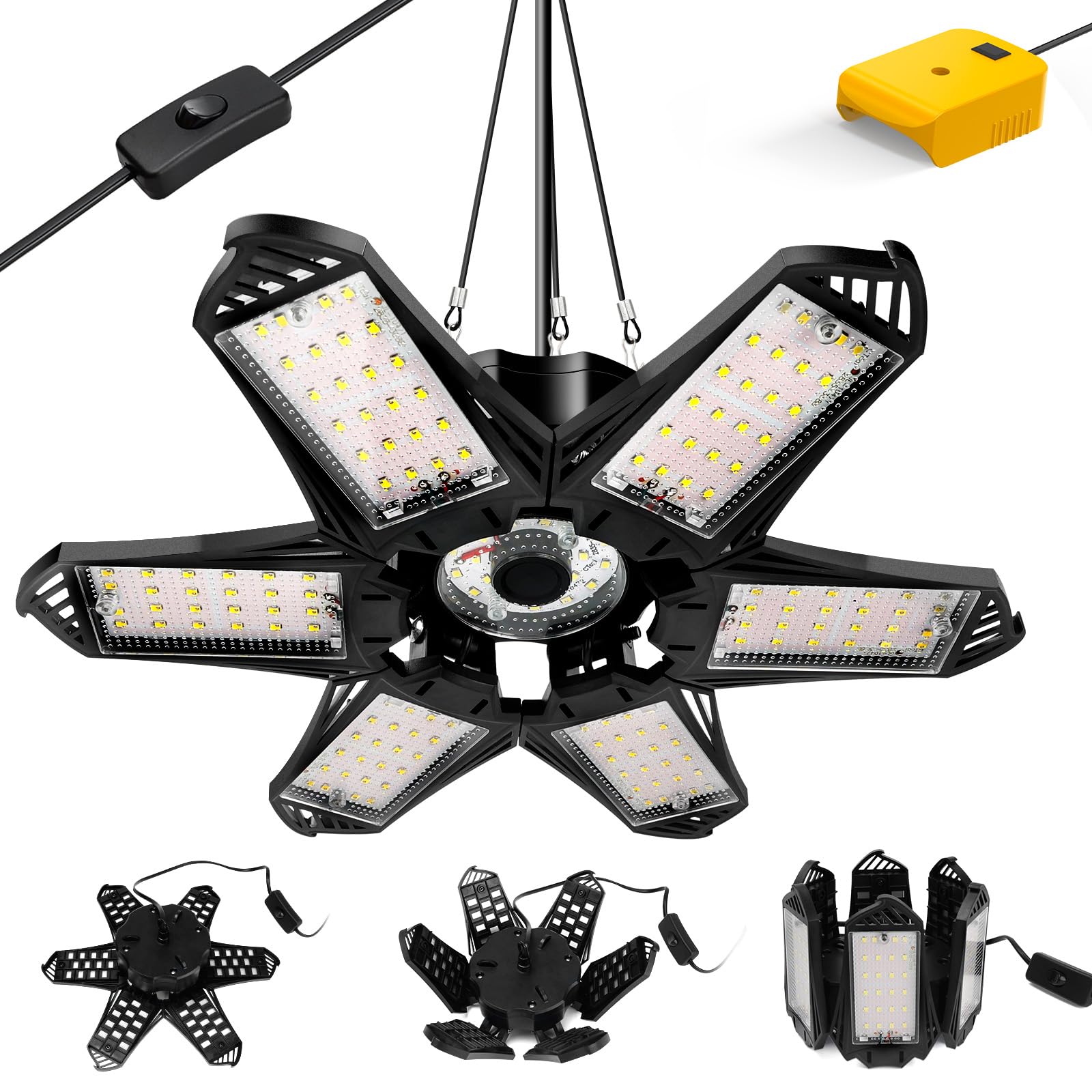LIVOWALNY LED Work Light Compatible with Dewalt 20V Battery, 68W 6800LM LED Garage Flood Lights with 6+1 Deformable Panels, Battery Powered Pendant Ceiling Light for Shed Workshop Garage Home