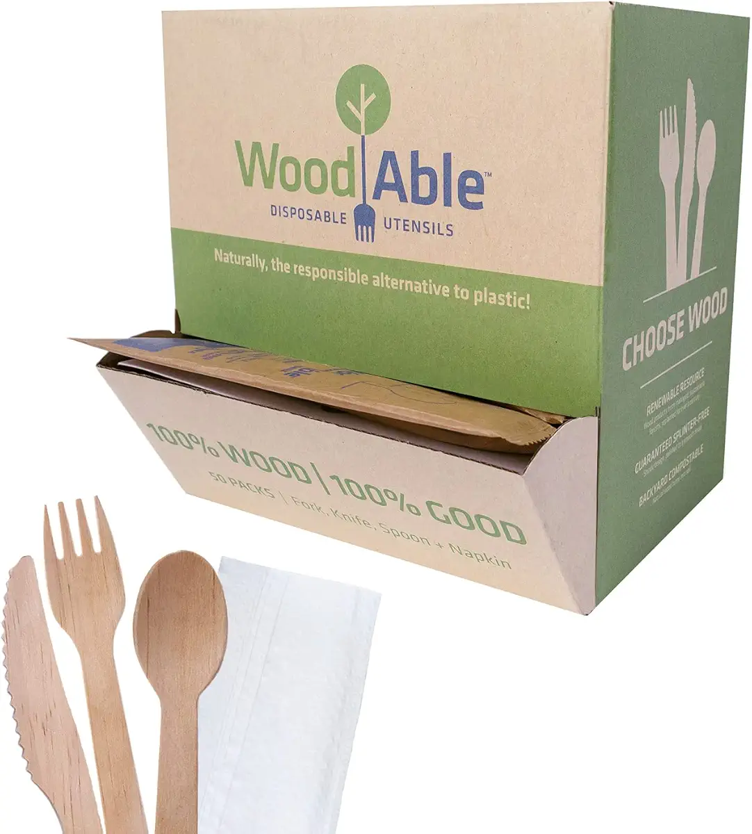 WOODABLE Disposable &amp; Backyard Compostable Wrapped Wooden Cutlery Set, Eco-Friendly, Sustainable, Organic, Biodegradable, Vegan-Friendly, 50 packs with knife, fork, spoon and napkin, 150 Utensils