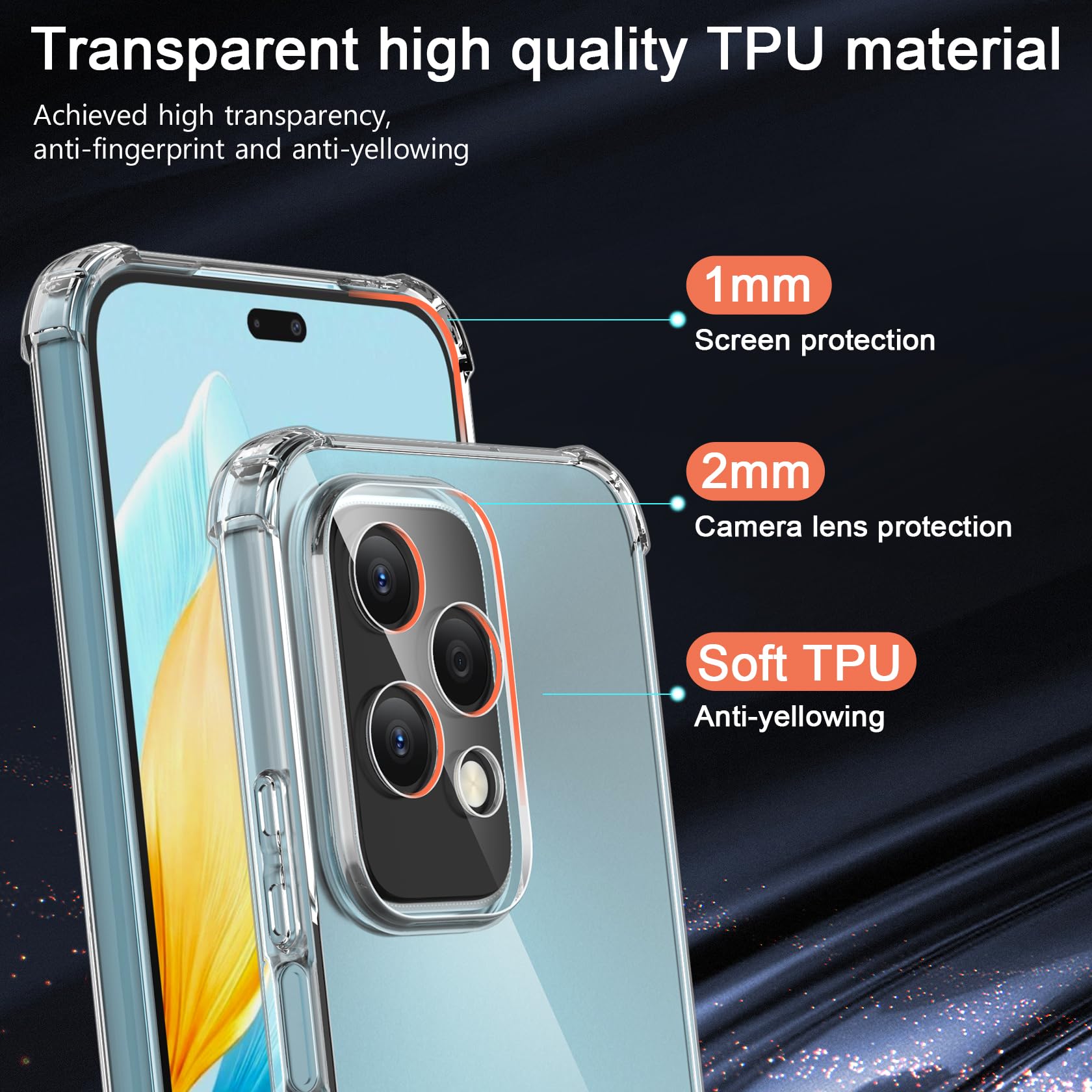 FLLAO Cover Compatibile con Honor 200 Lite 5G con 2 Vetro Temperato [Protezione Fotocamera] Anti Ingiallimento Antiurto Cover Silicona TPU Morbido Custodia per Honor 200 Lite 5G - Trasparente