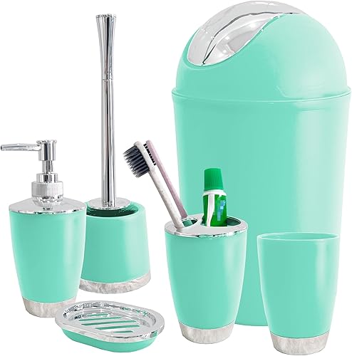 besaset Juego de accesorios de baño, 6 piezas de plástico para cepillos de dientes, taza de enjuague, jabonera, botella desinfectante de manos, cubo