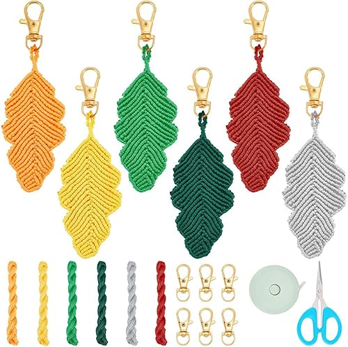 WEBEEDY Juego de 6 llaveros de macramé, kit de iniciación de macramé, estilo bohemio, elegante, de hojas de roble, decoración de hojas bohemias para
